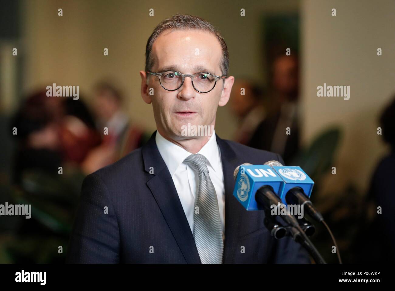 Organisation des Nations Unies, New York, USA, 08 juin, 2018 - Heiko Masse, ministre des Affaires étrangères de la République fédérale d'Allemagne, presseur après l'élection de l'Allemagne en tant que nouveau membre non permanent au Conseil de sécurité aujourd'hui au siège des Nations Unies à New York. Photo : Luiz Rampelotto/EuropaNewswire dans le monde d'utilisation | Banque D'Images