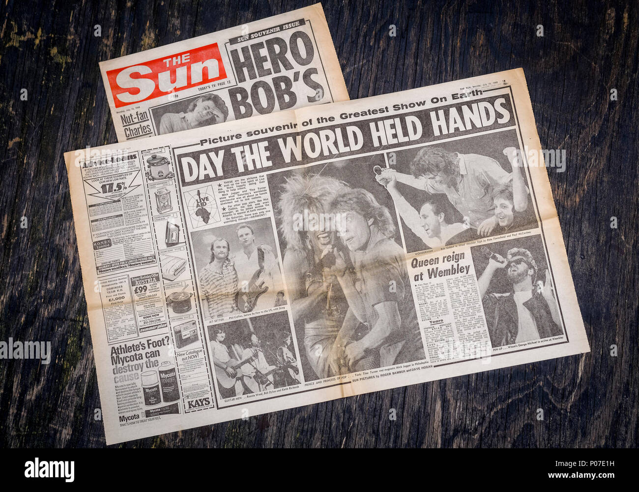 Quotidien britannique The Sun de rapports sur l'événement de bienfaisance de la musique live, Live Aid organisé au stade de Wembley à Londres, le 13 juillet 1985 par Sir Bob Geldof Banque D'Images