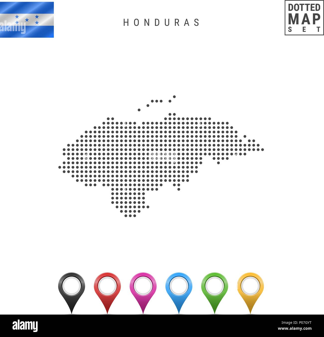 La carte à points vecteur du Honduras. Silhouette simple du Honduras. Drapeau national du Honduras. Ensemble de marqueurs carte multicolore Illustration de Vecteur