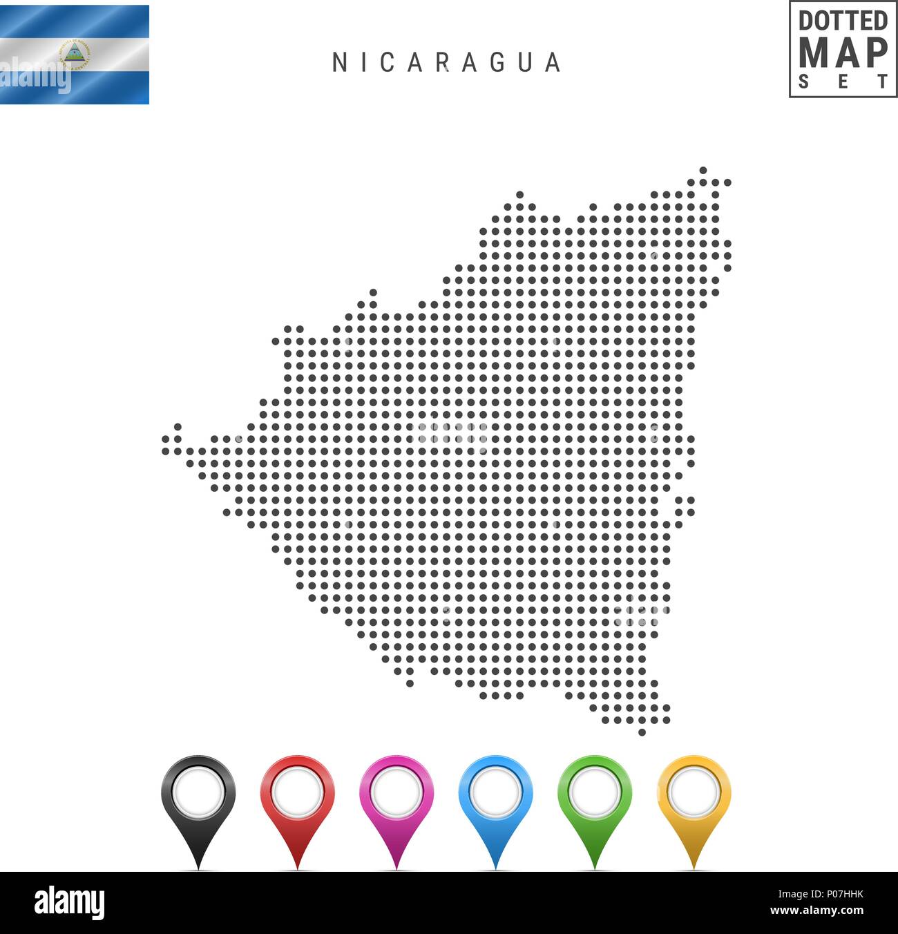 Notation vectorielle Carte du Nicaragua. Silhouette simple du Nicaragua. Drapeau national du Nicaragua. Les marqueurs de carte Set multicolore Illustration de Vecteur