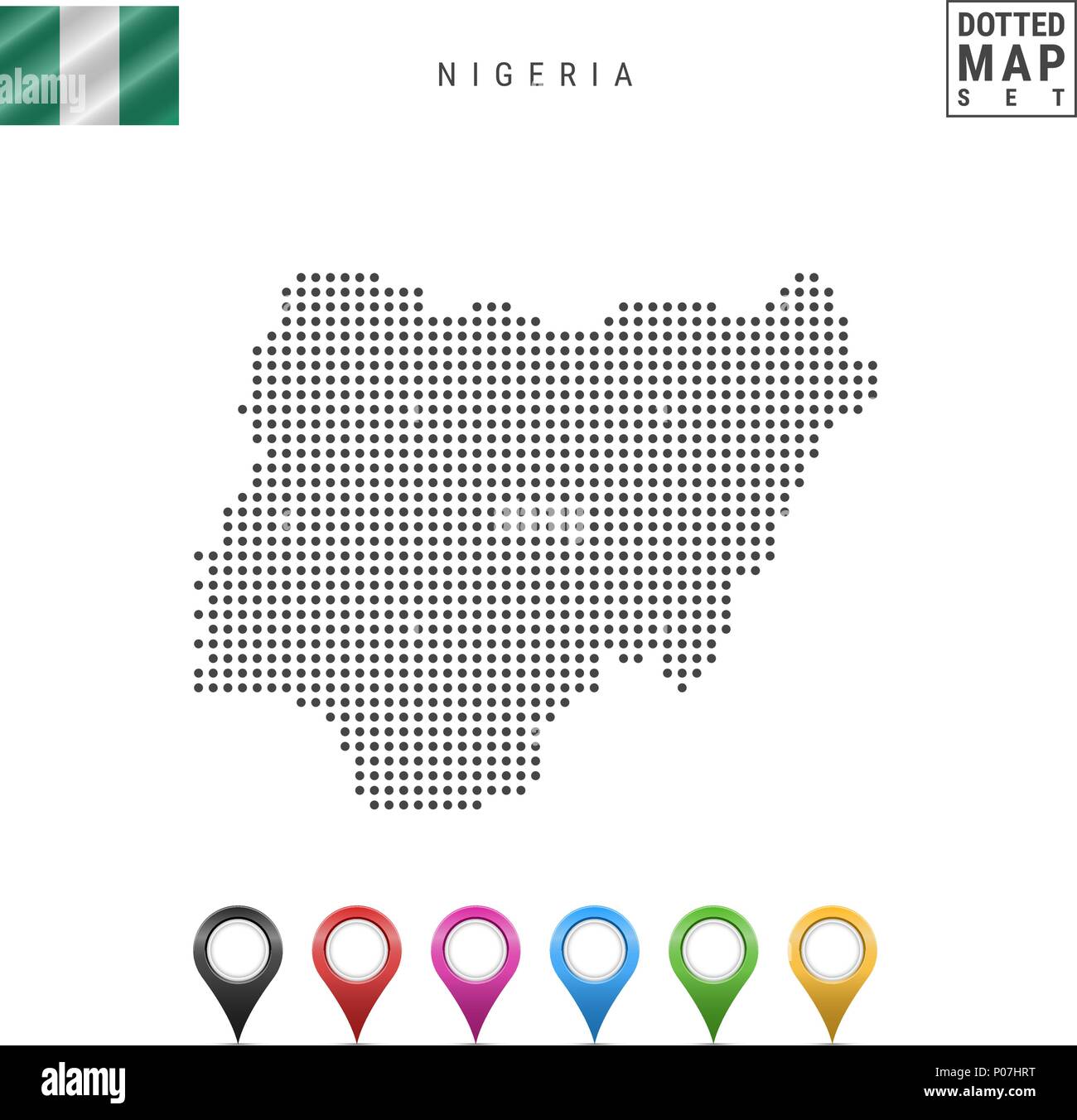 Notation vectorielle Carte de Nigeria. Silhouette simple du Nigéria. Drapeau national du Nigéria. Ensemble de marqueurs carte multicolore Illustration de Vecteur