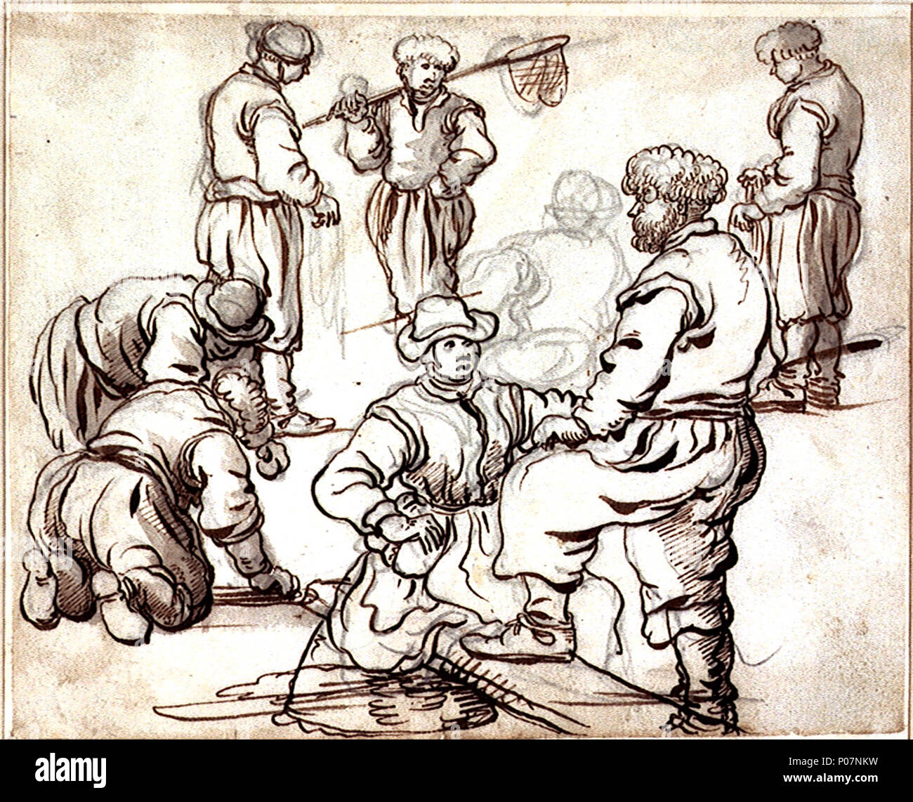 . Anglais : un groupe de six pêcheurs et d'une femme d'une scène de plage de six pêcheurs, l'un dans la conversation avec une femme assise sur un banc improvisé d'une planche en charge à l'extrémité visible par un panier renversé. Plusieurs des hommes porter ce qui semble être des chapeaux de laine brévistylées. C'est l'un d'un groupe de onze dessins (PAE5170, PAE, PAE5171 D5172, PAE5173, PAE5174, PAE5175, PAE5176, PAE5177, PAE5178, PAE5179, PAE5180). Elles sont tirées à la plume et encre brune sur mine et montrent surtout des groupes de personnes de pêche. Chaque dessin est inscrit sur l'arrière de la monture dans une main du début du 18e siècle ; dans ce c Banque D'Images