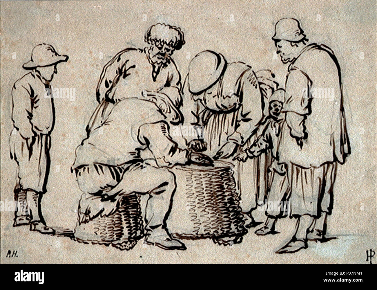 . Anglais : un groupe de six personnes de pêche figure Cette étude montre quatre hommes, une femme et un garçon autour d'un panier de tournée vers la négociation d'un accord. Un homme assis sur un plus petit panier est à l'aide du plus grand panier comme une table à compter de l'argent avec une femme sur le côté opposé, qui est accompagné d'un garçon. Les autres hommes sont à proximité. La ressemblance stylistique du dessin non signé à dessins de sujets semblables à partir de la Collection de Milford, maintenant à l'PCHRM, suggérer une attribution provisoire à Willem van de Velde, l'ancien, et une date d'environ 1655. Un groupe de six personnes de pêche . vers 1655. Willem van de ve Banque D'Images
