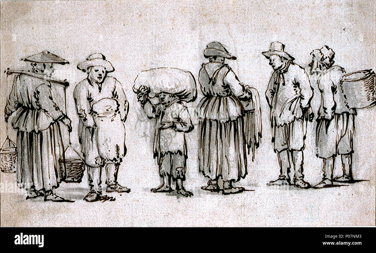 . Anglais : un groupe de six personnes de pêche figure Cette étude montre les hommes et les femmes dans diverses poses et portant la tenue d'une variété de paniers, chapes et sacs. La ressemblance stylistique du dessin non signé à dessins de sujets semblables à partir de la Collection de Milford, maintenant à l'PCHRM, suggérer une attribution provisoire à Willem van de Velde, l'ancien, et une date d'environ 1655, quand l'artiste a été particulièrement occupé avec « grisailles », dans laquelle il présente des groupes de personnes au premier plan. Un groupe de six personnes de pêche . vers 1655. Willem Van de Velde, l'Aîné 111 Un groupe de six personnes de pêche RMG Banque D'Images