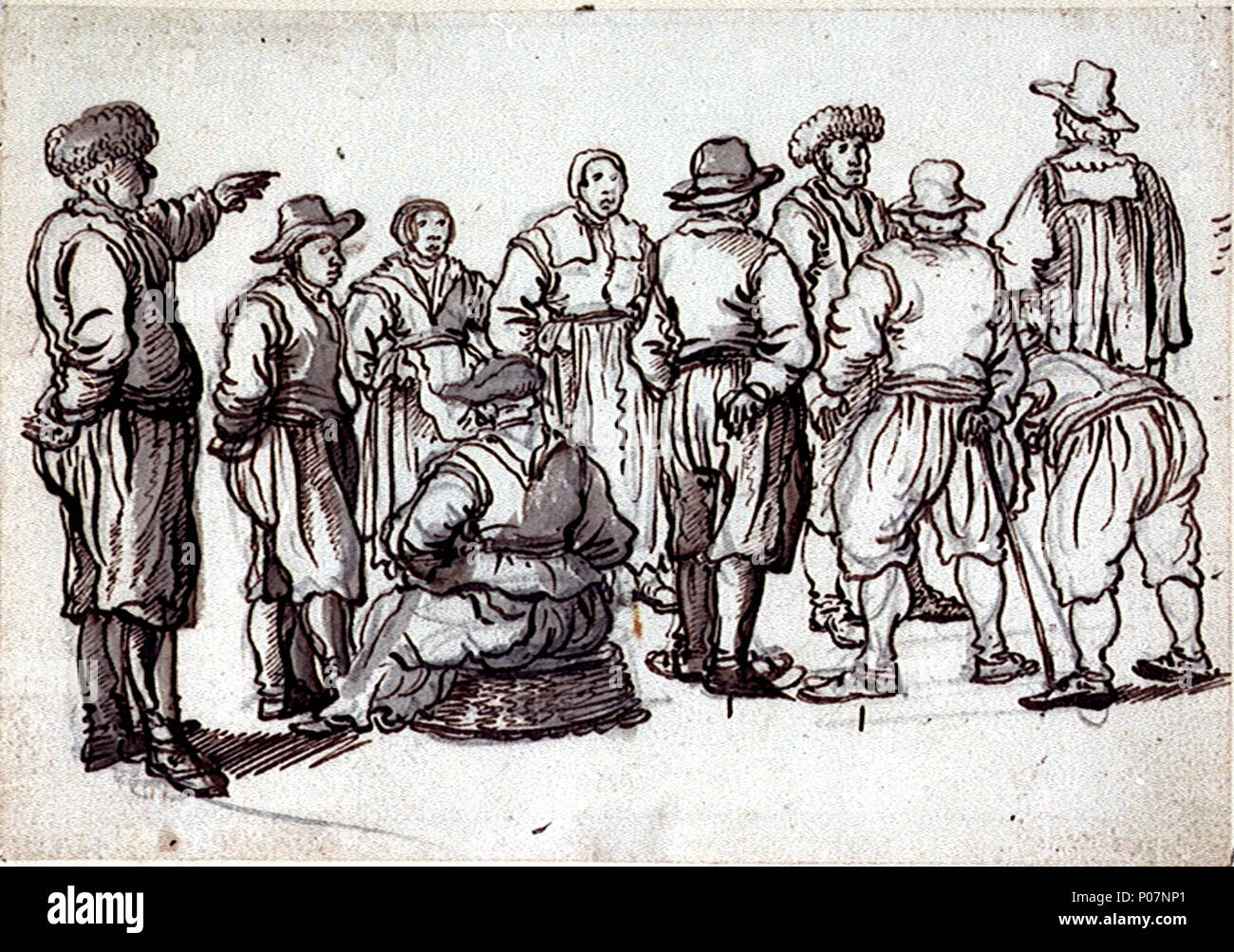 . Anglais : un groupe avec une femme assise et neuf personnes debout le travail probablement dépeint une scène de plage des pêcheurs se sont réunis, à l'exception de l'homme dans le chapeau dans l'arrière-plan droit. C'est l'un d'un groupe de onze dessins (PAE5170, PAE, PAE5171 D5172, PAE5173, PAE5174, PAE5175, PAE5176, PAE5177, PAE5178, PAE5179, PAE5180). Elles sont tirées à la plume et encre brune sur mine et montrent surtout des groupes de personnes de pêche. Chaque dessin est inscrit sur l'arrière de la monture dans une main du début du 18e siècle ; dans ce cas, 'Wm Vanderveld n° 95'. Bien qu'il n'y a pas de certitude absolue que Banque D'Images