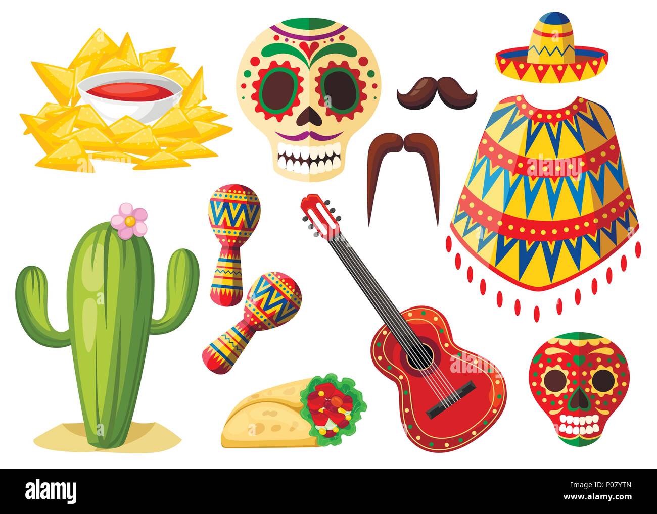 Symboles colorés du Mexique. Vector icons set mexicain. L'appartenance ethnique traditionnelle des symboles. Cartoon style design. Vector illustration isolé sur blanc ba Illustration de Vecteur