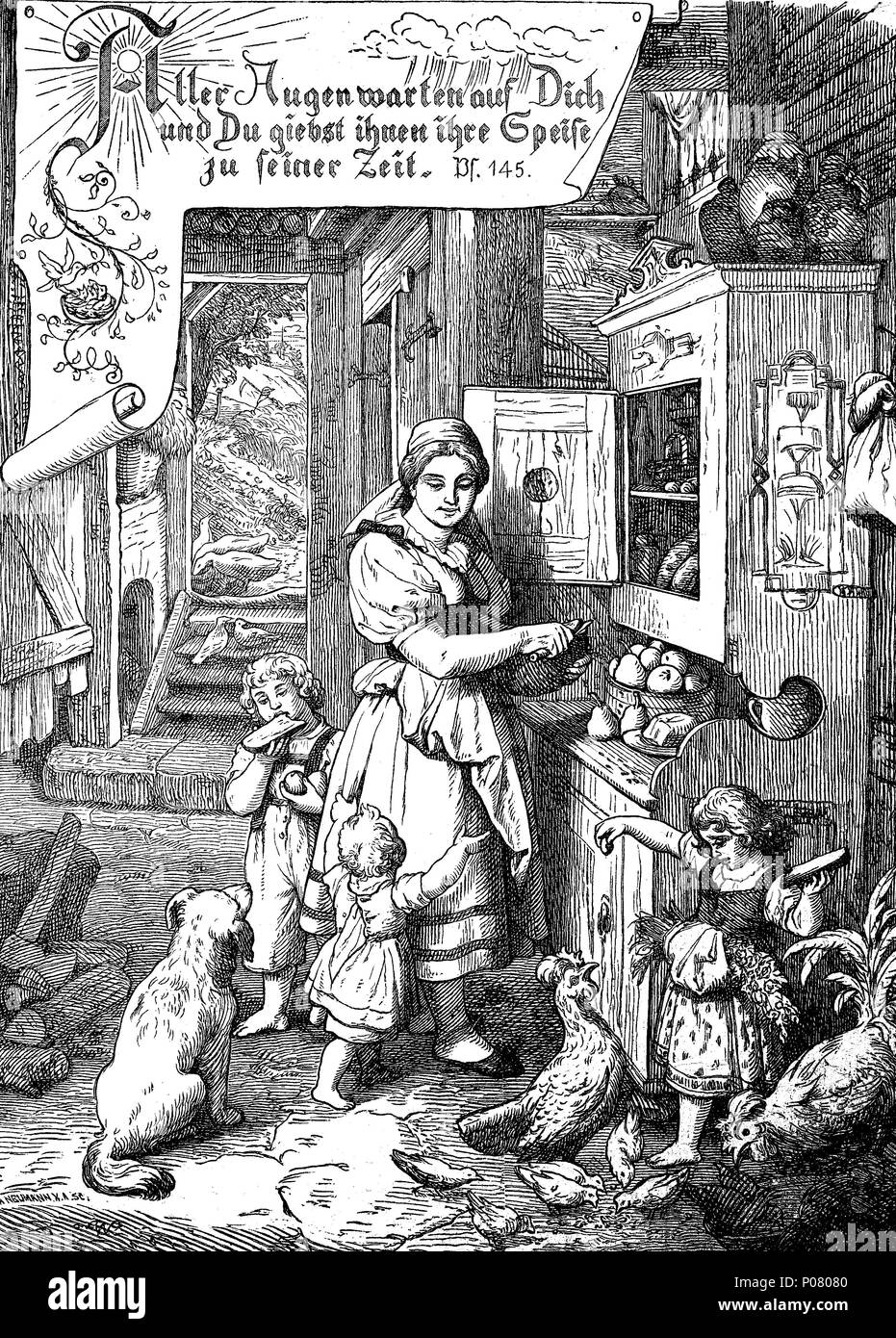 Famille avec enfants et animaux domestiques dans la cuisine, ferme, moyen-âge, Familie mit Kindern und in der Haustieren KÃ¼che, Bauernhof Mittelalter, numérique, l'amélioration de la reproduction de l'original d'imprimer à partir de l'année 1881 Banque D'Images