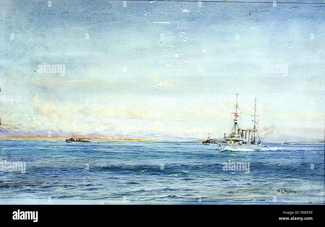 . Anglais : un croiseur léger, probablement 'Southampton HMS , des destroyers et une autre signée par l'artiste, en bas à droite. Cette aquarelle entièrement fini montre navires responsables de passage le long de ce qui peut être la côte écossaise, et la réussite d'un phare de faible altitude.Le croiseur est un des 'classe' de Chatham et probablement le 'Southampton'. La plate-forme au moins correspond à celle du navire en 1914-1916. Les destroyers semblent être des '' d'Acasta (K)-classe qui ont formé la 4e Flottille de destroyers de la grande flotte de 1914 à la fin de l'été 1916. . Vers 1914-1916. William Lionel Wyllie (1851-1931) Alternati Banque D'Images