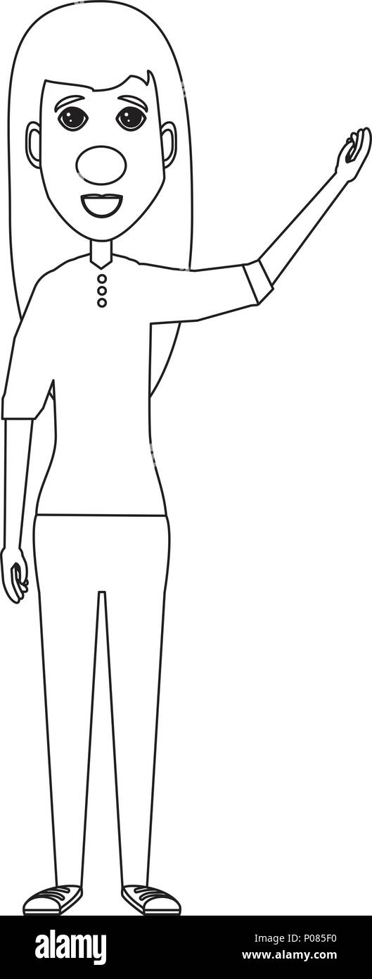 Cartoon happy woman avec nez rouge pointant vers le côté sur fond blanc, vector illustration Illustration de Vecteur