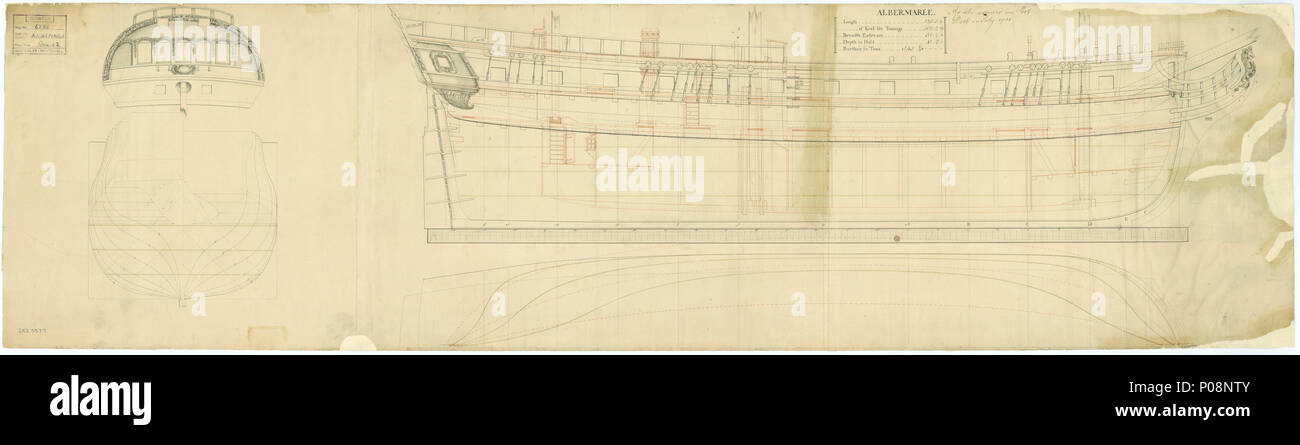 . Anglais : Albermarle (1781) - ex Menagere français ? (1776) Échelle 1:48. Plan montrant le corps du plan, Stern, décoration simple avec des lignes de détail intérieur et figure de proue et longitudinale de la moitié de l'ampleur pour Albermarle (1781) une frégate française, comme prises au Portsmouth Dockyard, avant d'être monté comme un 28-gun, sixième Frégate Taux. Pchrm Carnet de progrès, volume 65 folio 283, déclare que "Albermarle' a été amarré à Woolwich Arsenal le 3 juillet 1781 et de la station le 1er septembre. Elle s'embarque le 12 octobre 1781 ayant été monté. Albermarle a été signalé en février 1781, seulement pour être recommissi Banque D'Images