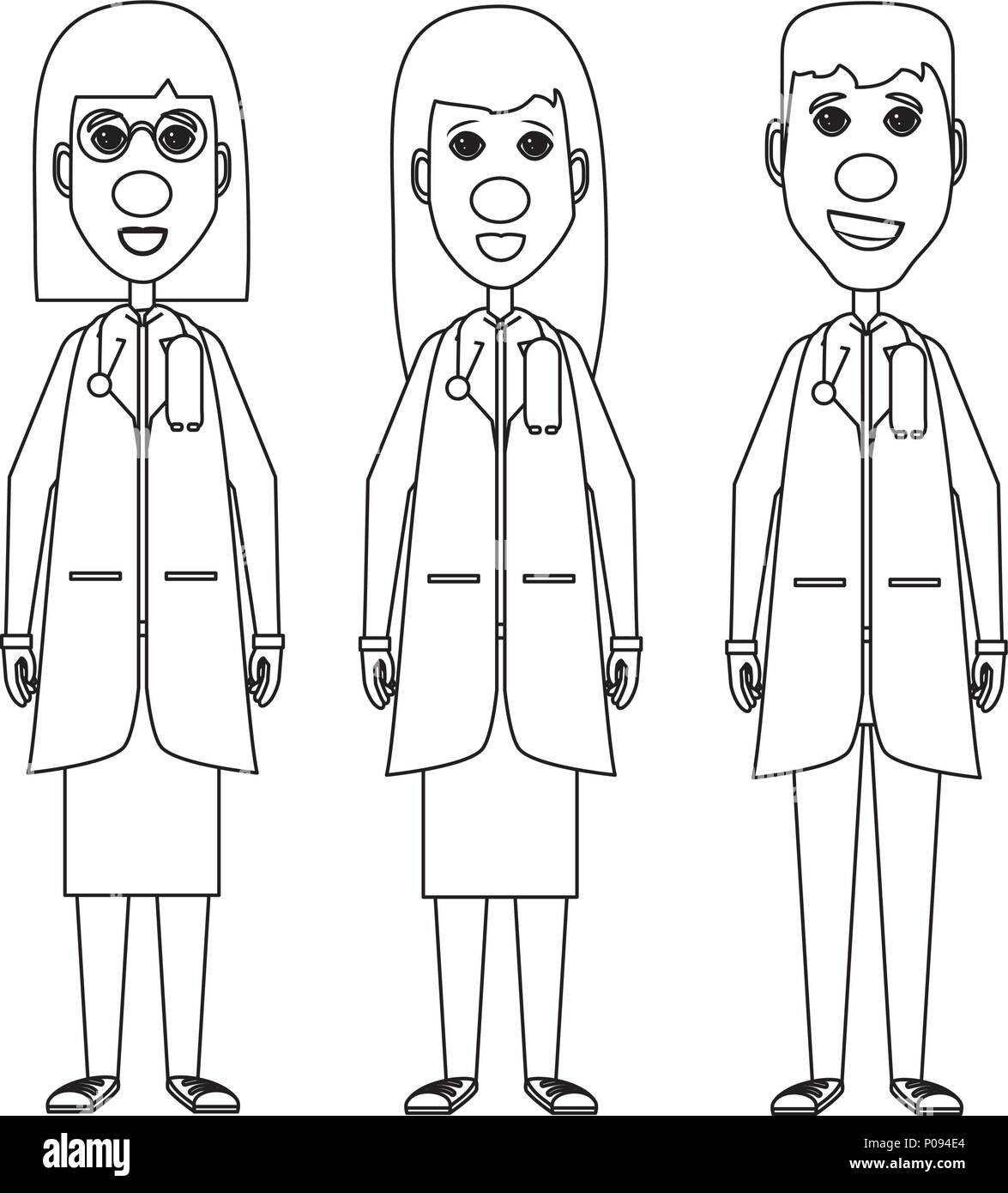 Cartoon happy doctors avec nez rouge sur fond blanc, vector illustration Illustration de Vecteur