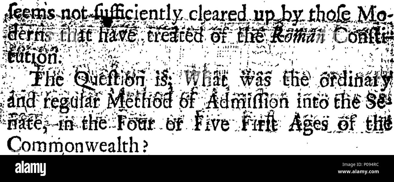 . Anglais : fleuron de livre : un mémorial envoyé de Londres à la fin de l'Earl Stanhope, à l'Abbé Vertot à Paris. Contenant les questions suivantes, relatives à la constitution du Sénat romain, (à savoir) I. Quelle était la méthode habituelle d'ordinaire au Sénat, dans les quatre ou cinq premiers âges du Commonwealth ? II. Pourquoi le Sénat composé de patriciens alors aucun mais, nous avons lu de certains patriciens qui étaient sénateurs, tandis que d'autres n'étaient que des hommes, et n'en ai pas pris cette dignité ? Et si cette distinction est venue par la succession et la primogéniture : Ou si le choix d Banque D'Images