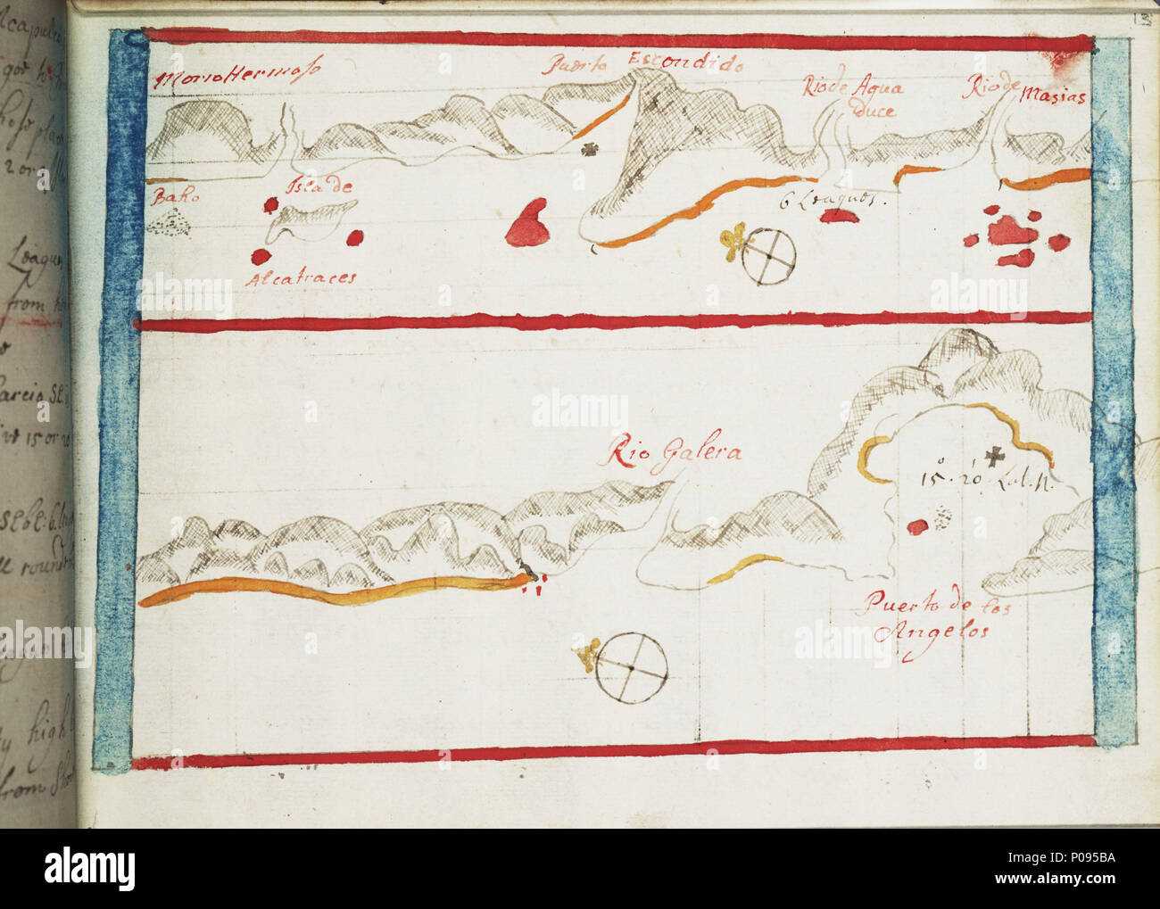 . Anglais : [Alcatraz et Puerto Angel]lié feuille. Le colonel ms. D'autres endroits : le Mexique. Table des matières Note : Rose. À partir d'un livre d'instructions nautiques de 110ff : 'La Mer du Sud Wagoner qui fais la fabrication et roulement de toutes les côtes de la Californie à la Streights de Le maire fait à partir de l'espagnol originall par Basil Ringrose'. Les tableaux ont tous un crayon carré grille pour faire des copies. P/32(13) Puerto Angel par Ringrose . 1682. Ringrose, Basilic 276 Alcatraz et Puerto Angel RMG F1428 Banque D'Images