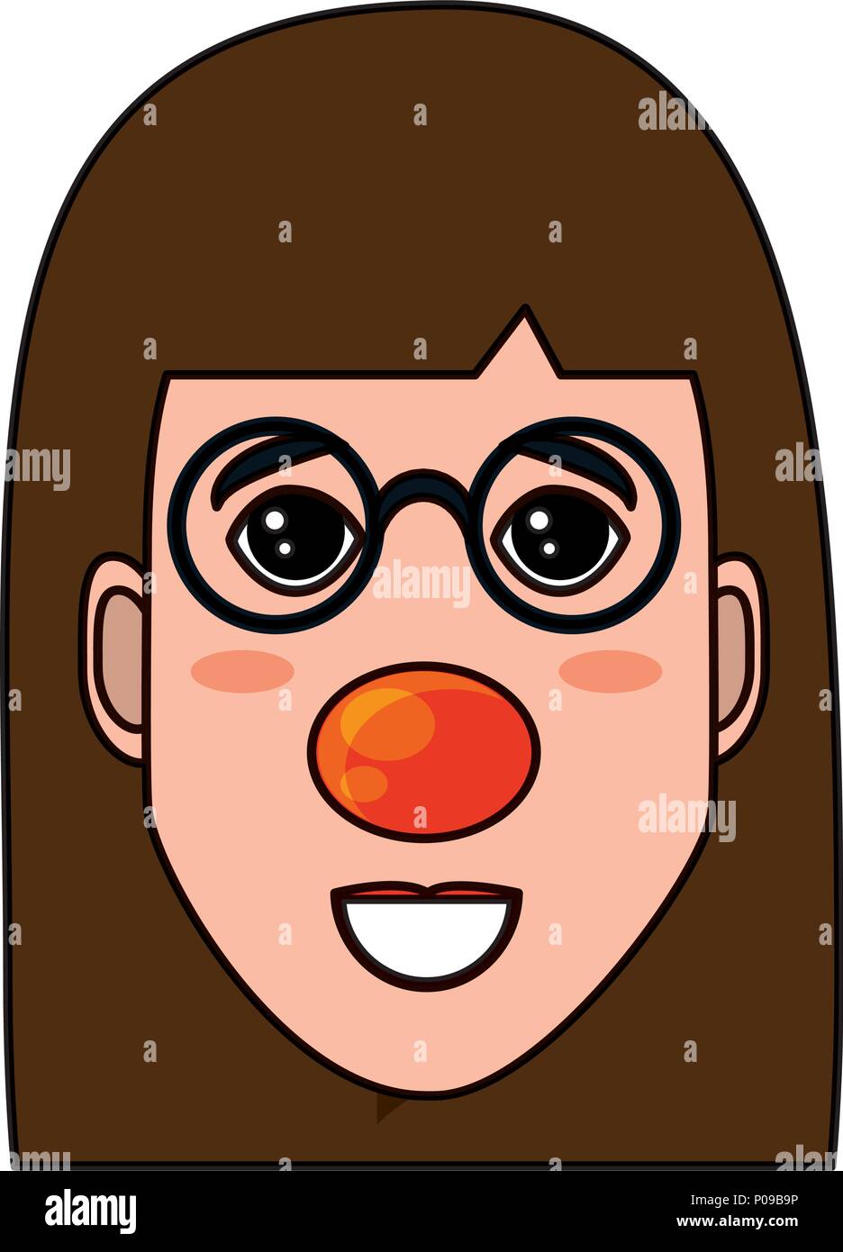 Cartoon femme heureuse avec des lunettes et nez de clown icône sur fond blanc, vector illustration Illustration de Vecteur