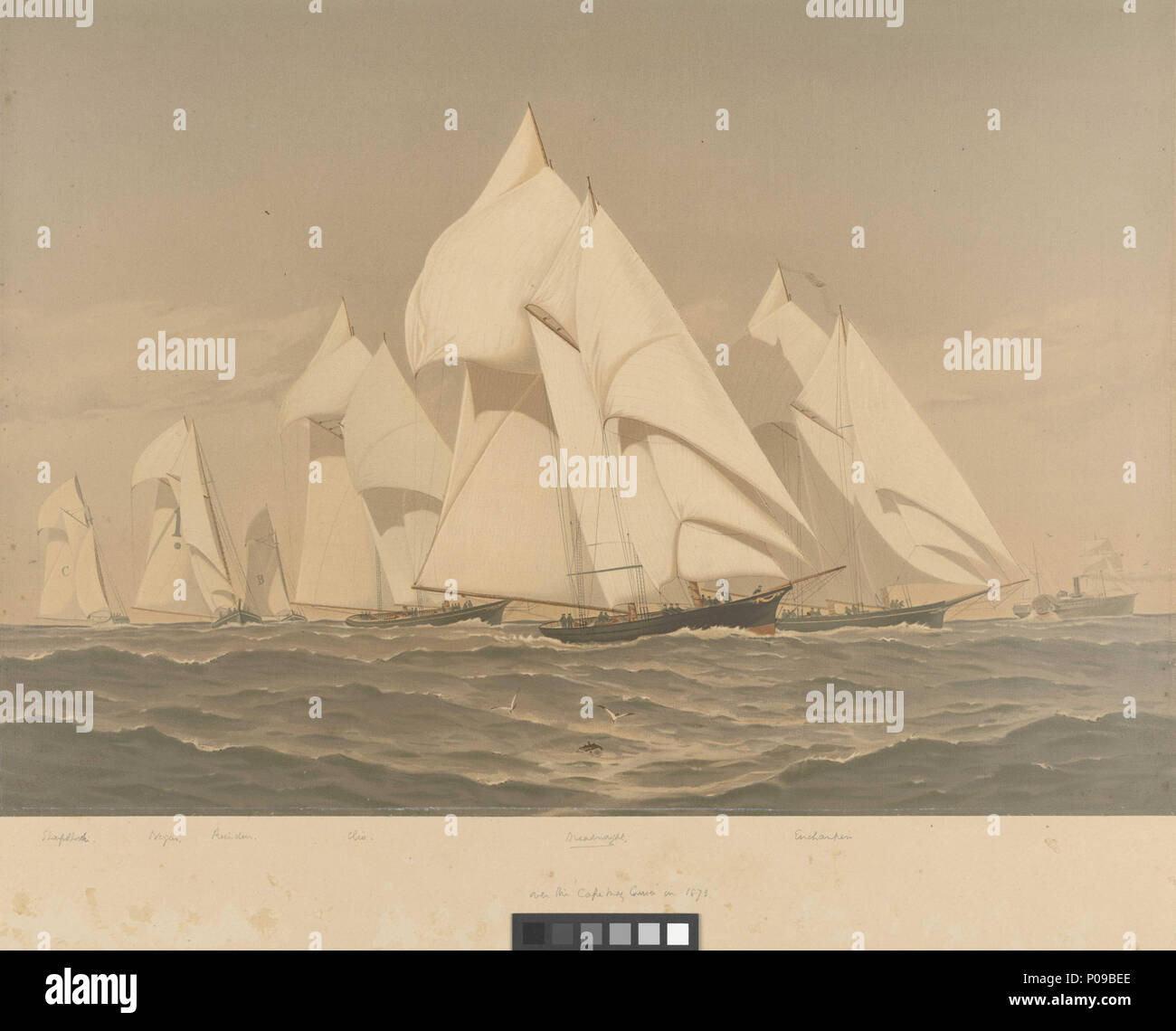 . Anglais : American Yachts Plate XII. Sharp-Shooter, Negus, renne, Clio, Dreadnought et enchanteresse. Sur le Cape May - 1873 Étiquette sur la marche arrière inscrit Épreuve d'artiste no99. ; signé par l'artiste dans la plaque. . 1884. Cozzens, Frederic S (artiste) ; Scribner's, Charles et fils (éditeurs) ; Sir W.G. Armstrong Whitworth et Co. Ltd (imprimantes) 283 Yachts Américains Plate XII. Sharp-Shooter, Negus, renne, Clio, Dreadnought et enchanteresse. Sur le Cape May - 1873 RMG PY8782 Banque D'Images