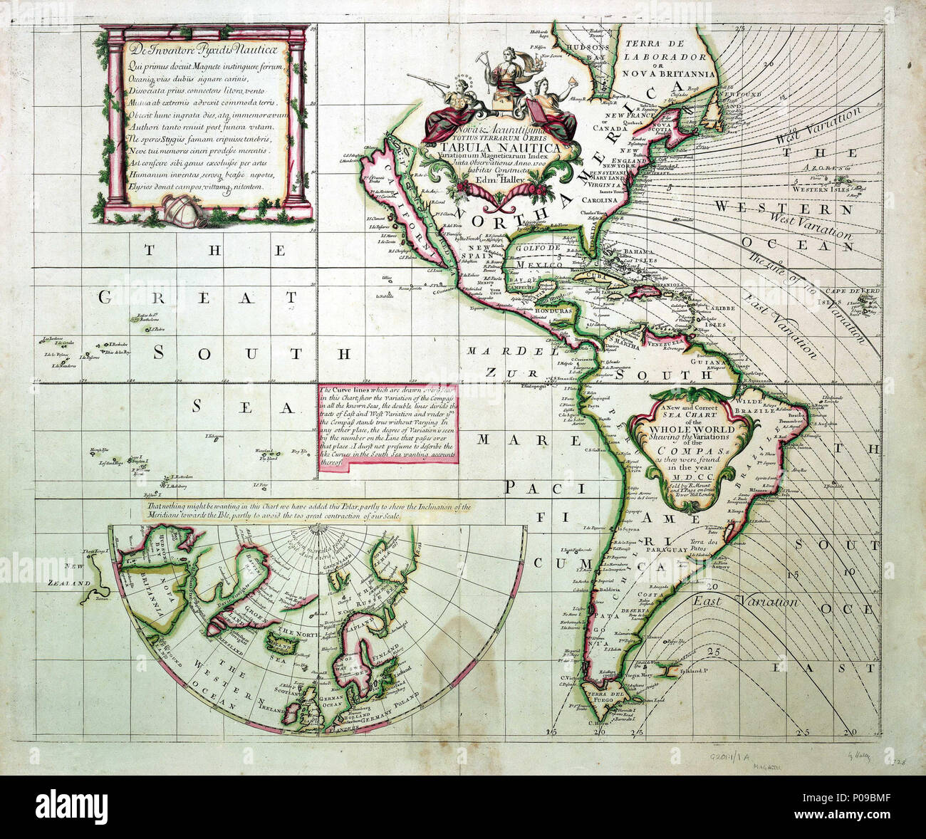 . Anglais : une nouvelle et bonne carte de la mer du monde entier montrant les variations de la boussole qu'ils ont été trouvés en l'an M.D.CC. Tableau 1 sur 2 feuilles. Gravure colorée à la main, sur support moderne. Échelle : [vers 1:35 000 000]. Projection graphique avec empiècement du pôle nord. Contient 5 cartouches : le titre anglais sur l'Amérique du Sud ; le titre Latin, sur l'Amérique du Nord, a female personnifications de l'astronomie, de la navigation et de la géométrie ; à sa gauche un cartouche dans un cadre architectural contient texte latin célébrant l'invention de la boussole magnétique sur l'Asie ; il y Banque D'Images