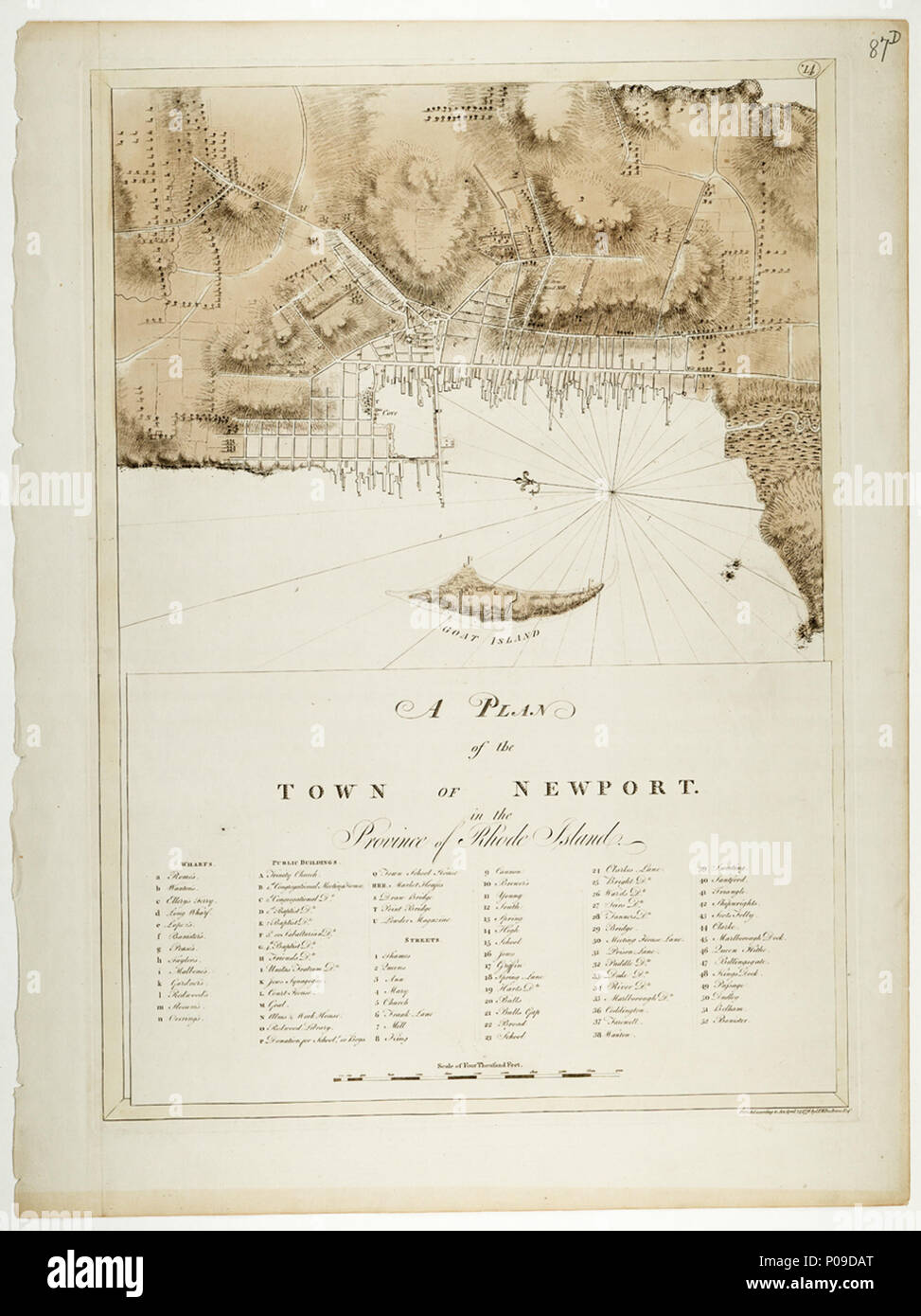 . Anglais : un plan de la ville de Newport dans la province de Rhode IslandSingle fiche technique. Gravé. Échelle : ca. 1:6 000 (bar). Note : cartographique nord à 278 degrés. 6° ouest Variation illustré. Ungraduated Échelle en pieds. Table des matières Remarque : Il y a un clé pour les quais, les bâtiments publics et les rues. Change : numéro de page '*14' gravé. Autres caractéristiques : Imprimé sur papier. Bates Border jaune, brun teinté plan. 87HNS d un plan de la ville de Newport dans la province de Rhode Island . 1776. Charles Blaskowitz ; Des Barres ; Joseph Frederick Wallet Des Barres 171 Un plan de la ville de N Banque D'Images