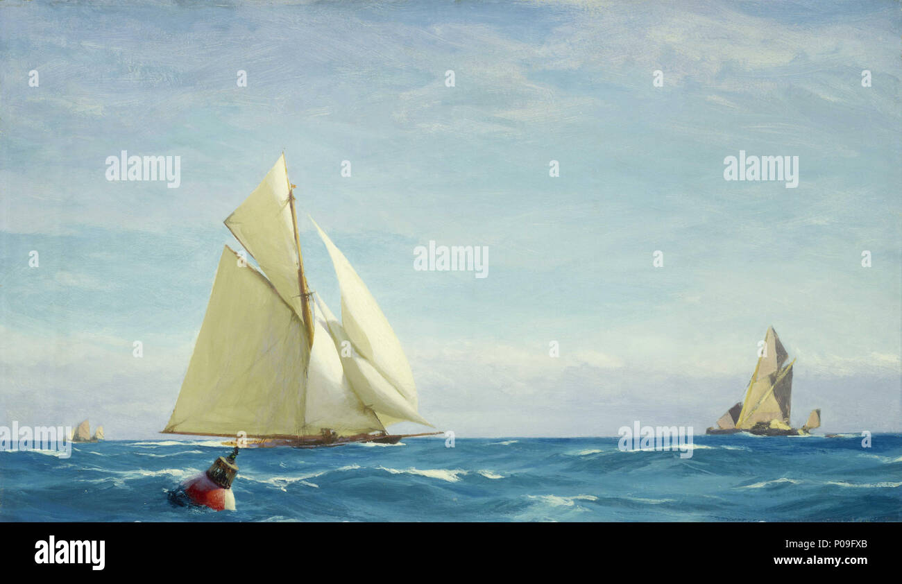 . Anglais : un grand Sloop Yacht et une Barge d'un grand yacht, gréé en Sloop à Port-broadside et full sail, est au premier plan à gauche. À l'extrême droite un ketch-rigged Thames barge est à flanc de tribord, et un ketch gréé stumpie-barge est au loin sur la gauche. La peinture montre une mer calme, avec un jeu d'indiqué par la perturbation et voiles flottant sur l'eau. L'image est inondé de lumière indiquée par l'ombre et sur le yacht, le qualité de la mer bleue et le rouge et blanc sur la bouée dans l'avant-plan à gauche. L'inclusion de la bouée fournit des co Banque D'Images