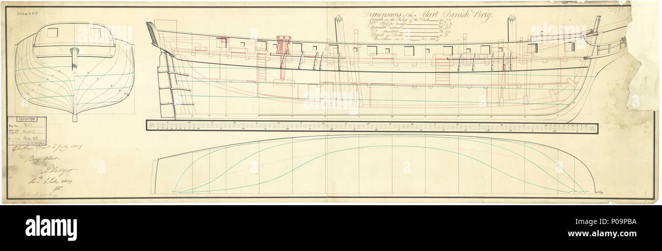 . Anglais : Allart (capturé 1807) [Autre orthographe : Alart] Échelle : 1:48. Plan montrant le corps avec l'arrière plan, les grandes lignes du conseil ligne pure avec l'intérieur, détail et demi-étendue longitudinale pour Allart (1807) capturé, un brick danois capturés après la pose comme un 18-gun brig sloop. La partie supérieure droite du plan n'est pas retrait de la preuve de ce que la proue représentés. Signé par Edward Hillyer [Hellyer ?], [non maître charpentier à Chatham que c'était Robert Seppings]. ALAART FL.1807 [anglais] 280 Allart (1807) capturés (orthographe alternative- Alart) RMG J4451 Banque D'Images