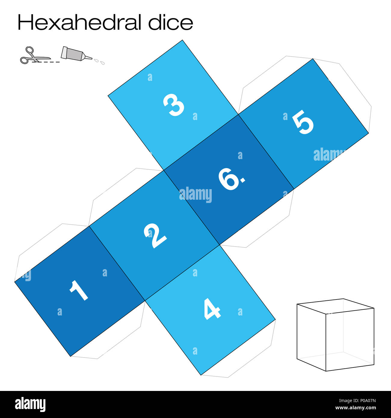 Modèle de l'hexaèdre, hexahedral dice - un des cinq solides de Platon - faire un point 3d avec six côtés du filet et jouent aux dés. Banque D'Images