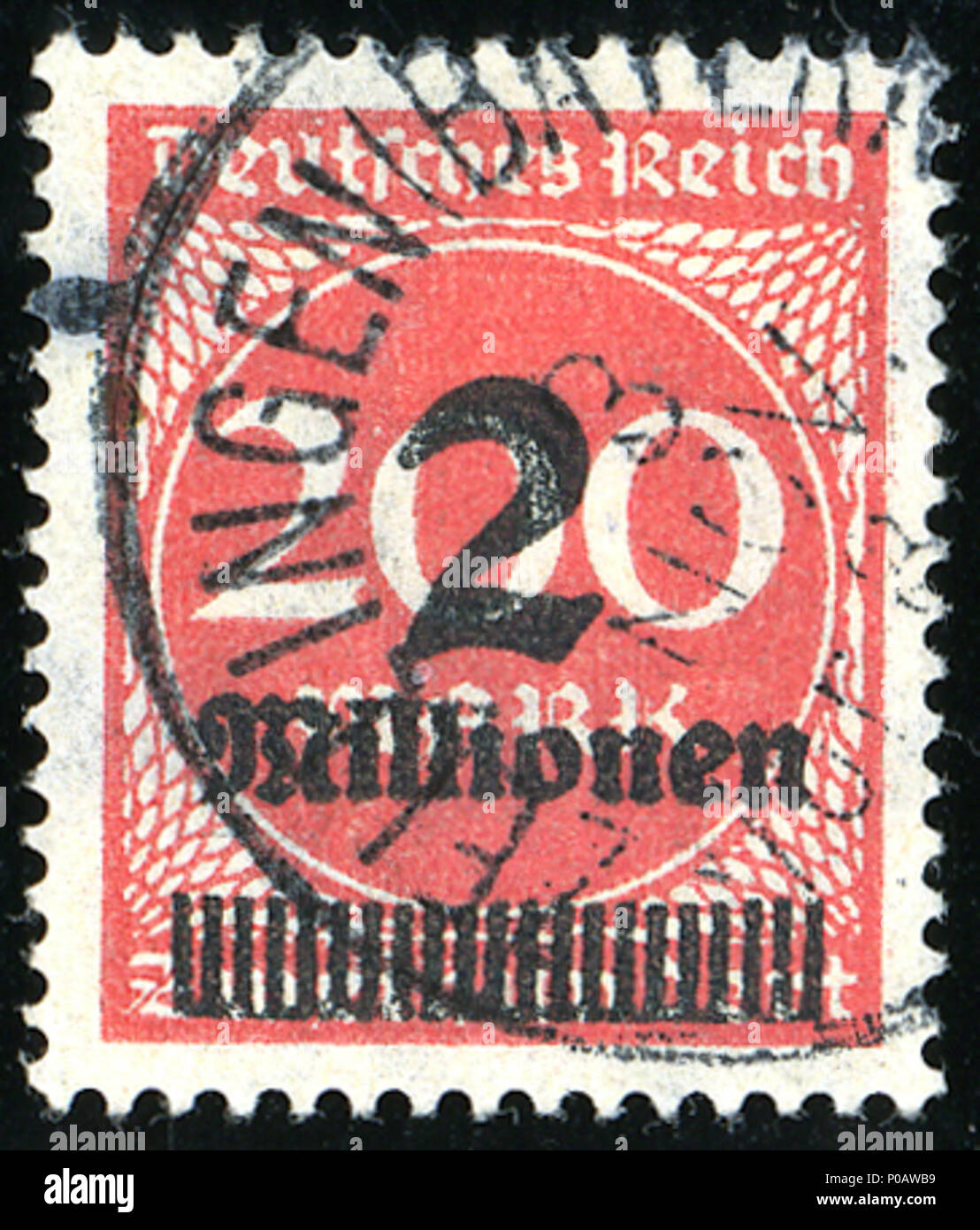 . Anglais : Sceau de l'Allemagne, la surimpression 2 Millionen (Mark), numéro Octobre 1923, annulée à ZELLINGEN (Bayern) le 3-11-1923. Michel N°309A. . 21 février 2014, 15:58:39. Jacquesverlaeken 11923 Zellingen Mk 2000000Mi309A Banque D'Images