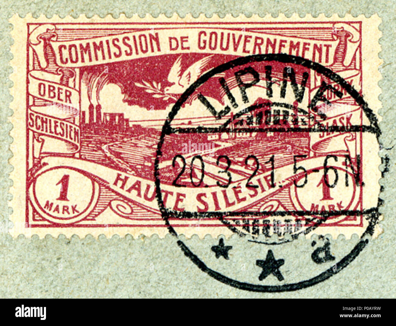 . Anglais : Cachet de la haute Silésie, Mark 1 sur fragment, annulé 19-14-1921 à LIPINE le jour du plébiscite. . 13 août 2013, 21:10:14. Stamp : Inconnu. Scan : Jacquesverlaeken UpperSilesia 11921 1Mk Lipine Banque D'Images