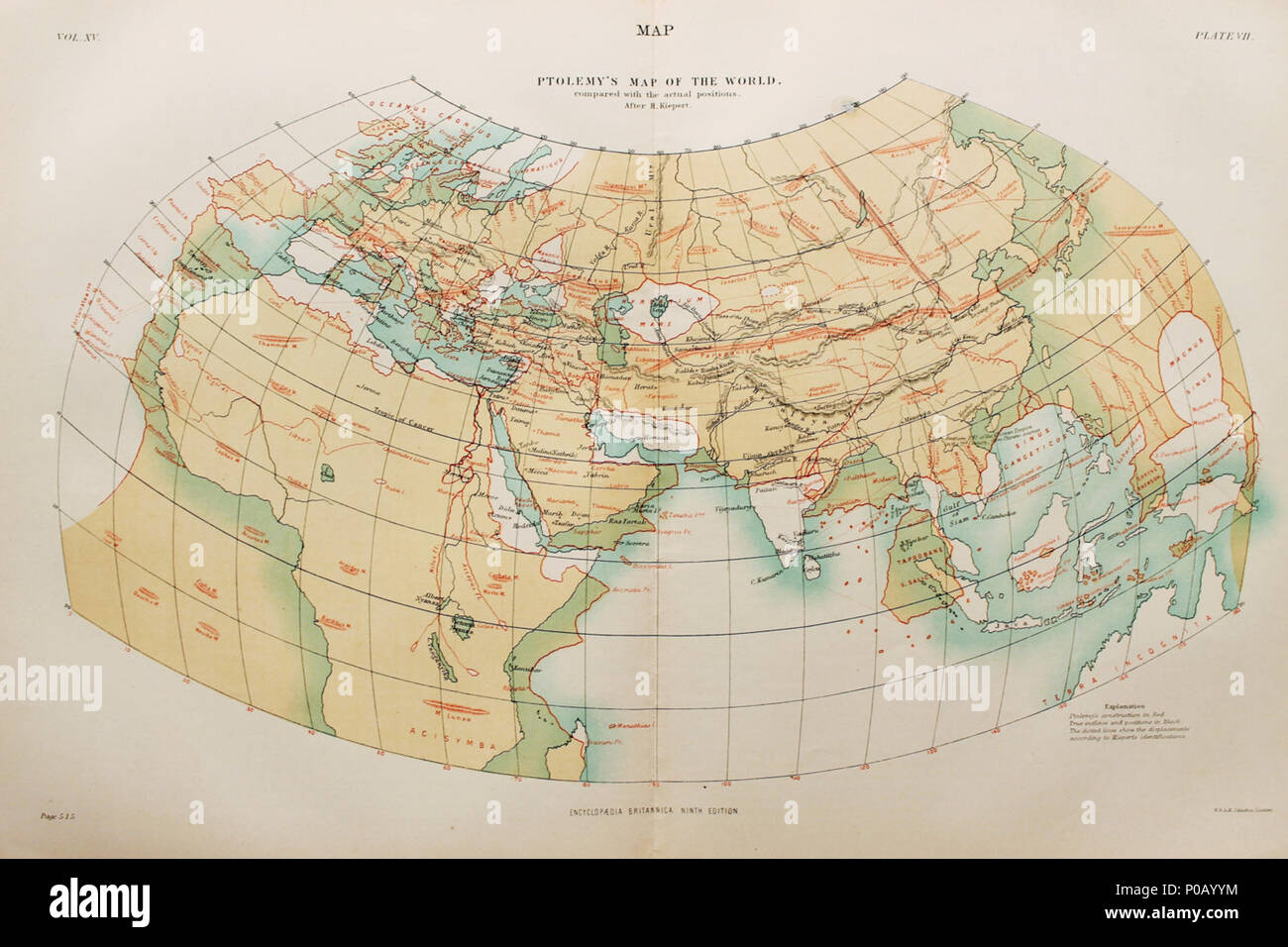 . Anglais : Légende : CARTE Tome XV. Plate VII. PTOLEMY'S CARTE DU MONDE, par rapport à la qualité réelle. Après H. Kiepert. Explication de la construction de Ptolémée en rouge vrai décrit et positions en noir les lignes en pointillé indiquent les déplacements selon Kiepert's les identifications. W. et A. K. Johnston, Édimbourg. L'Encyclopédie Britannique, Neuvième édition . 18838 EB9 Vol XV Pl VII Ptolemy's Carte du Monde Banque D'Images