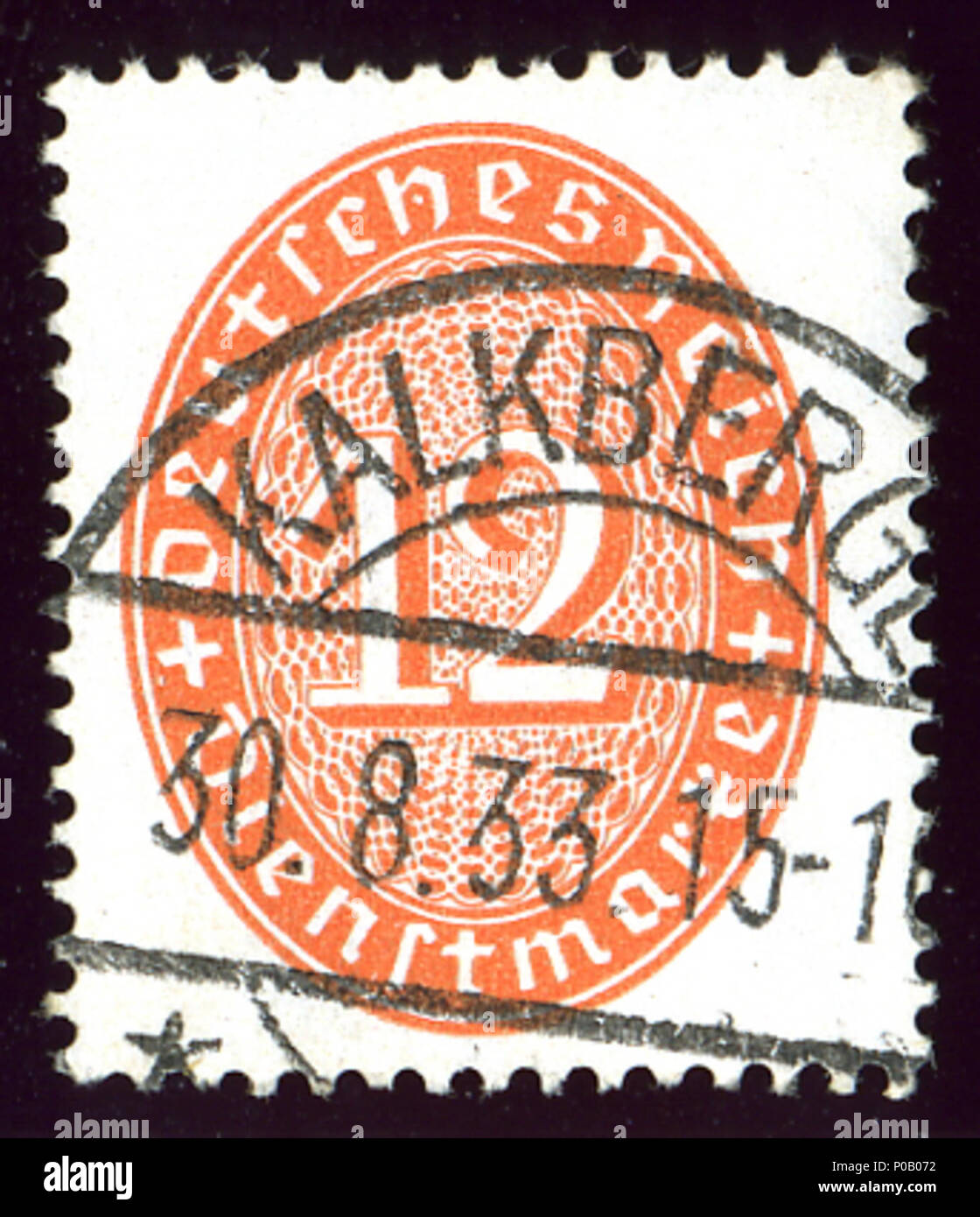 . Anglais : cachet officiel de l'Allemagne, 12, 1932 question Pfg KALKBERGE annulé en 1933 (Brandebourg). . 16 août 2013, 13:53:09. 11933 Jacquesverlaeken Kalkberge Reich Pfg12D129 Banque D'Images