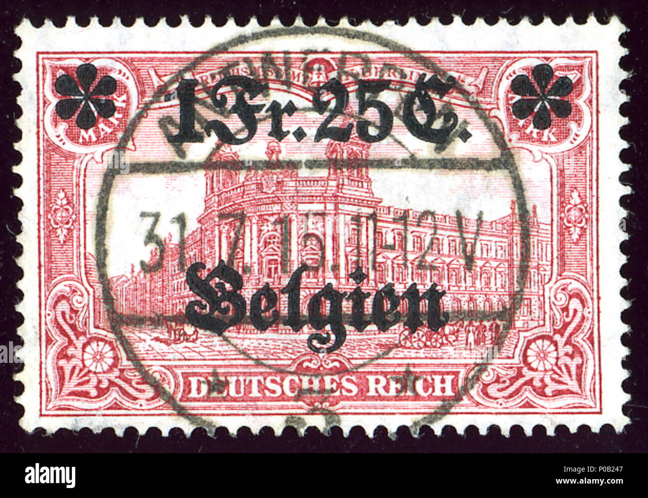 . Anglais : d'une surimpression 1 Allemand Mk stamp pour utilisation dans la Belgique occupée, 1Fr25C, annulé ANTWERPEN en 1915. . 31 juillet 1915 (scan 2013-09-05). Poster dans la Belgique occupée 1 1Fr25 1915 Belgien Antwerpen Mi8 Banque D'Images