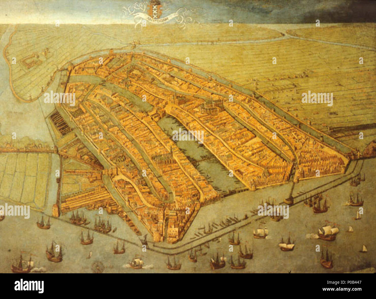 . La plus ancienne carte de Amsterdam, montrant la ville médiévale fini murs, tours et portes. Comme dans la plupart des vieilles cartes d'Amsterdam la ville est illustré à partir de l'IJ, afin que la vue est dirigée vers le sud plutôt que le nord. . Vue d'Amsterdam . En 1538, Amsterdam 1538 366 - bMA Banque D'Images