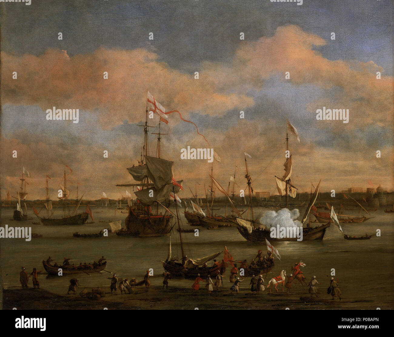 . Anglais : un navire marchand anglais dans un port Méditerranéen dans une brise légère avec de nombreux autres navires une scène d'un port méditerranéen animé montrant voyage au mouillage. Le profil d'une ville a été placé horizontalement dans la distance, une composition divisant la peinture et avec sky occupant la moitié de l'image. La haute tour indiqué sur l'extrême gauche peut indiquer un phare. Les principaux bâtiments sont visibles sur la droite, où trois tours rondes et une tour bombé court au-delà de la forme d'une porte dans une ville fortifiée. À gauche des tours il y a une rangée de petits vaisseaux qui appe Banque D'Images