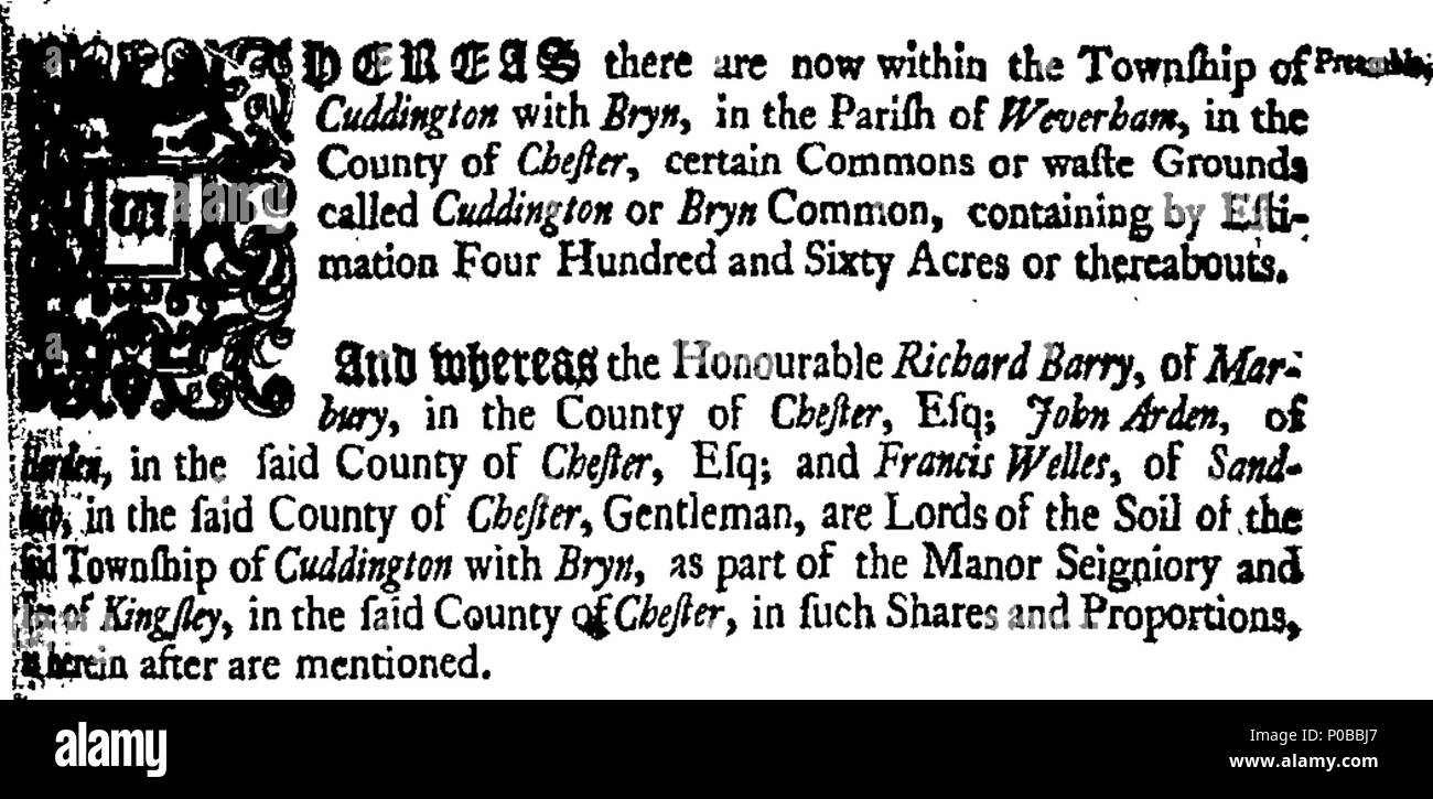 . Anglais : Fleuron du livre : une loi de répartition et l'inclosing communes ou des terrains vagues, appelé Cuddington, ou Bryn, commune dans le canton de Cuddington avec Bryn, dans la paroisse de Weverham, dans le comté de Chester. 296 Une loi pour diviser et inclosing les communes ou des terrains vagues Fleuron T066658-1 Banque D'Images