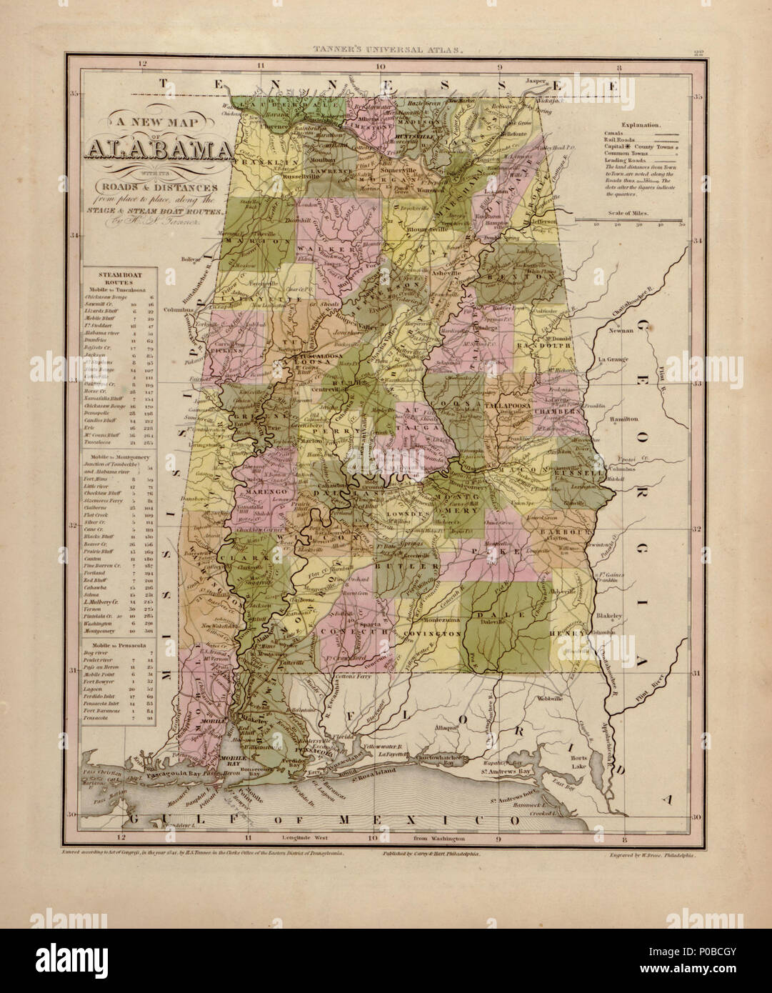 . Anglais : relief illustré par des hachures. Diffère des autres 1844 ed. en ce que les numéros de plaque d'impression sur des cartes 34 ne correspondent pas aux numéros de plaque imprimée dans la table des matières. Gravée t.p. Guerre civile LC cartes (2e éd.), S193 Phillips, 4324 accessible également sur le site Web de la Bibliothèque du Congrès comme une image raster. LC copier signés à l'encre sur l'avant-fly leaf 'Sherman' 1844. De nombreuses annotations au crayon et d'encre sur les marges et versos de cartes, dont 7 cartes. LC copier le rebond et encadré en tissu vert, avec toutes les pages encapsulées. Les conseils d'origine avec Sherman ex-libris conservés dans la boîte. . Une nouvelle ONU Banque D'Images