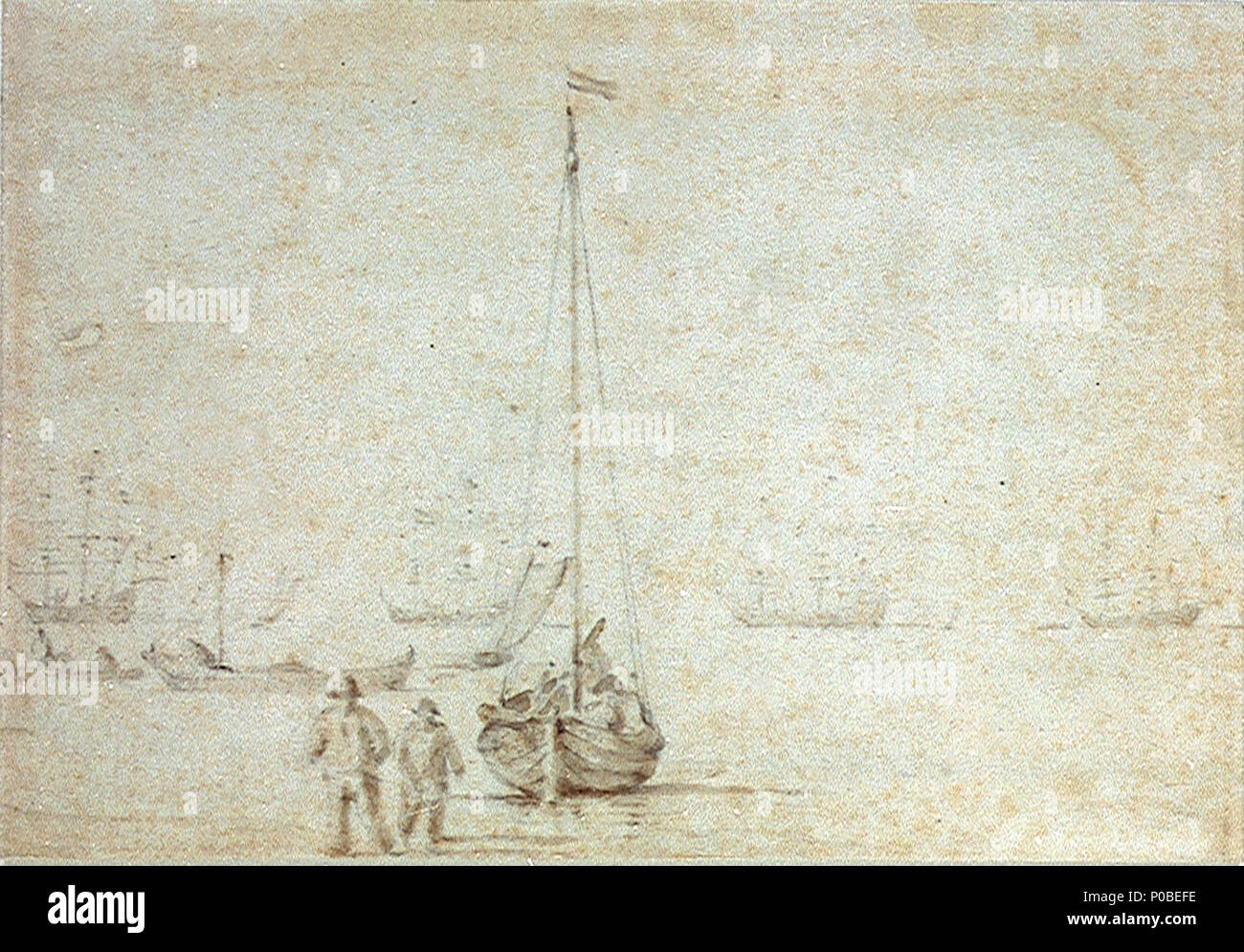 . Anglais : une rose sur la rive de l'avant-plan, une vue arrière d'une rose sur la rive près du bord de l'eau. Deux hommes sont en train de renoncer à elle. Un weyschuit est à l'ancre dans le milieu gauche-distance. Les navires sont au mouillage dans la distance. Il s'agit d'un crayon brun clair et non signé par le lavage plus jeune. Une rose sur la rive . circa 1665. Willem Van de Velde le jeune 168 Une rose sur la rive RMG PW6831 Banque D'Images