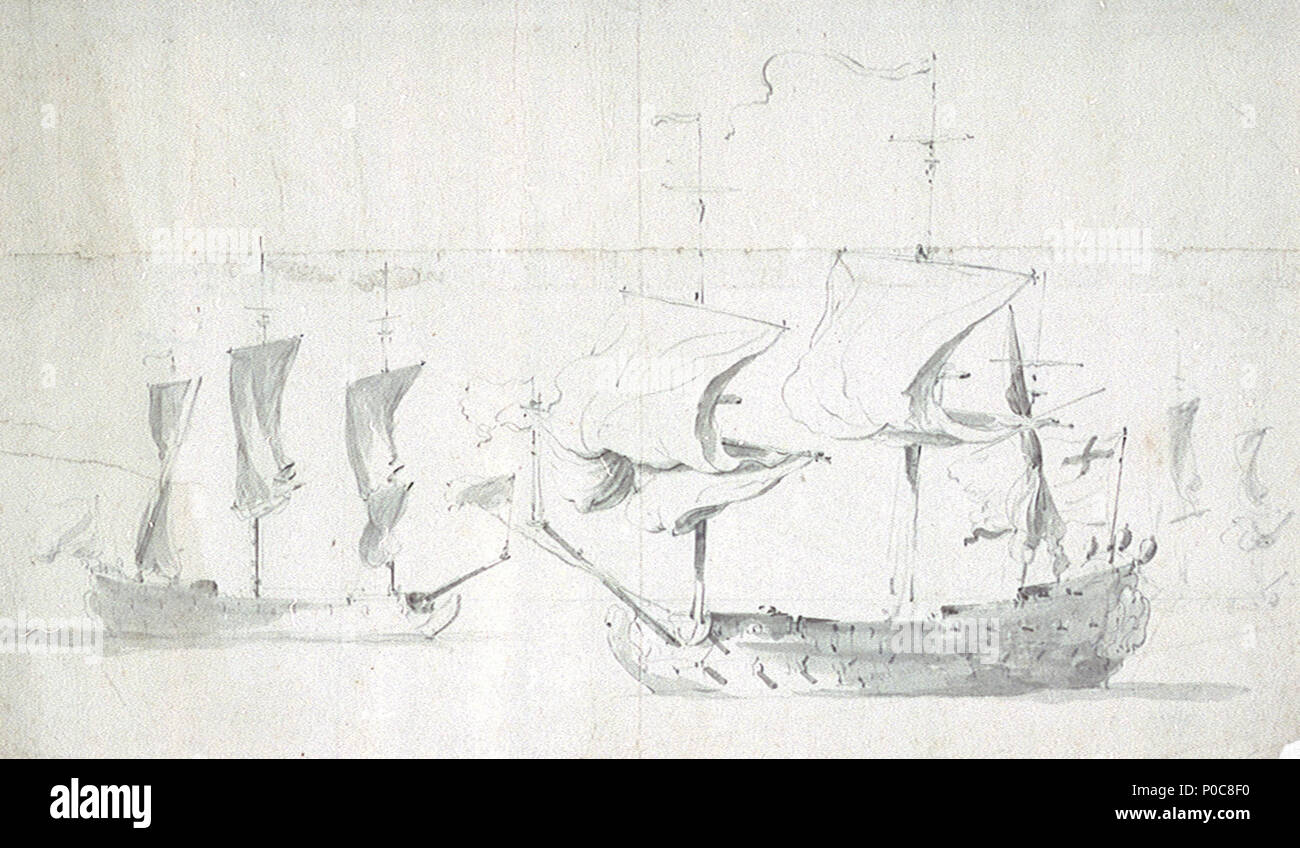 . Anglais : un bateau anglais sous voile facile à droite au premier plan, un port d'un navire broadside afficher avant que le vent avec sa main avant et huniers berne haut et secousses. Dans l'arrière-plan, à gauche et à droite, deux navires dans le vent avec leurs huniers de court. C'est un crayon et lavis par l'Aîné, même s'il peut éventuellement être par le plus jeune, comme le PAF PAF6909 à6896 ; mais le black et plutôt désordonné et laver les gouvernés horizon sont plus comme le travail de l'Aîné. Un bateau anglais sous voile facile . vers 1675. Willem Van de Velde, l'Aîné 313 Un bateau anglais sous voile facile RMG Banque D'Images