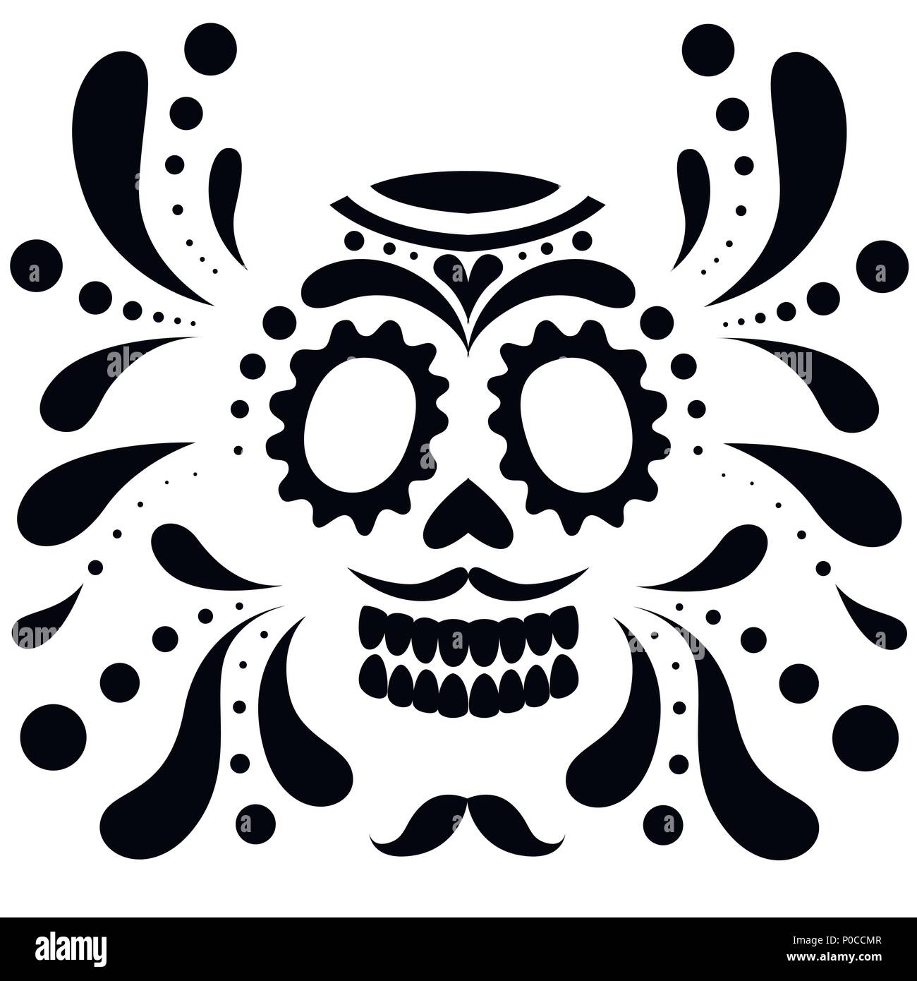 Silhouette noire. Masque crâne mexicain. Le Jour des Morts crâne, cartoon style. Crâne en sucre avec élément floral. Télévision vecteur illustration isolé sur whit Illustration de Vecteur