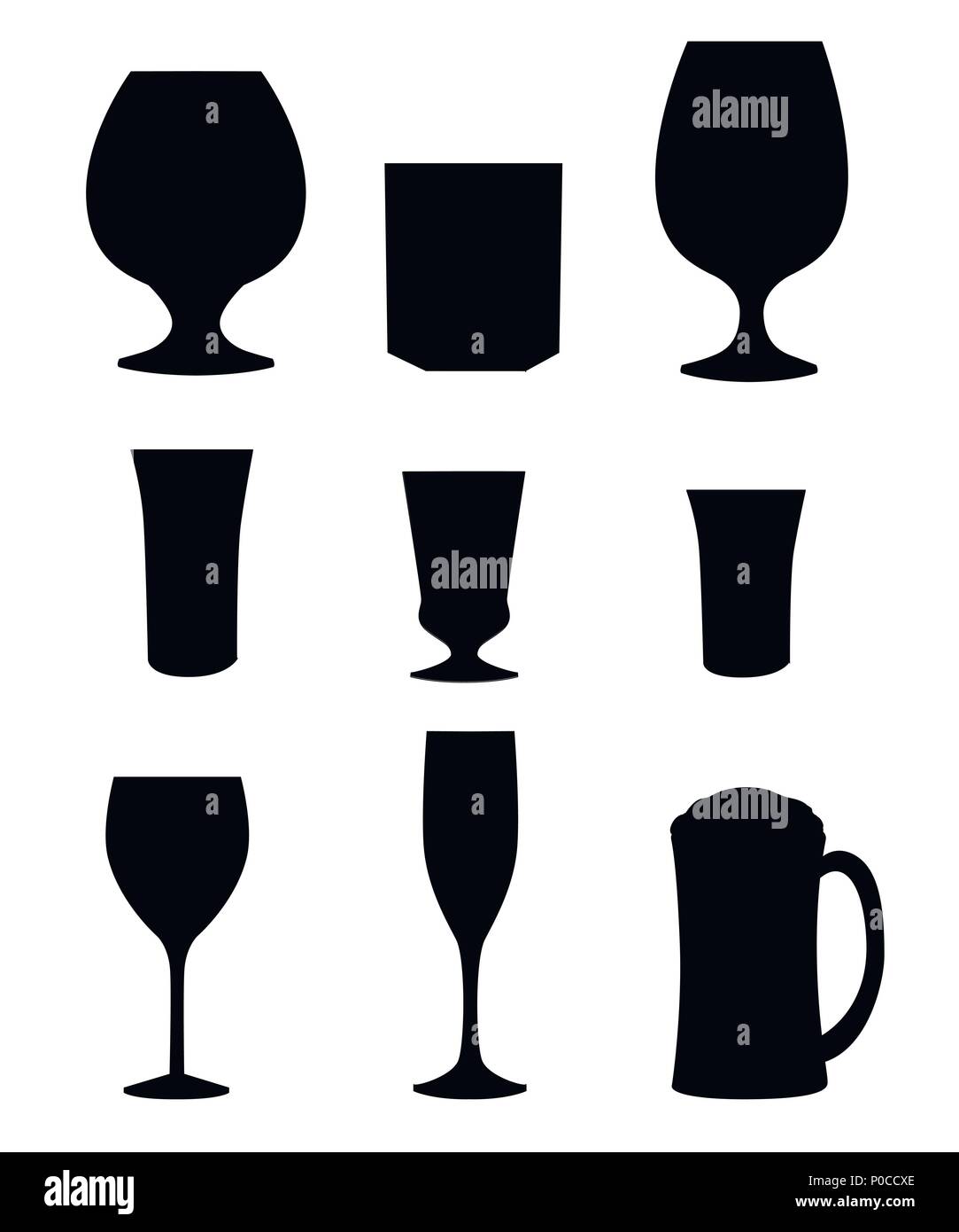 Silhouette noire. Ensemble de tasses, verres et tasses. Vector illustration isolé sur fond blanc. Illustration de Vecteur