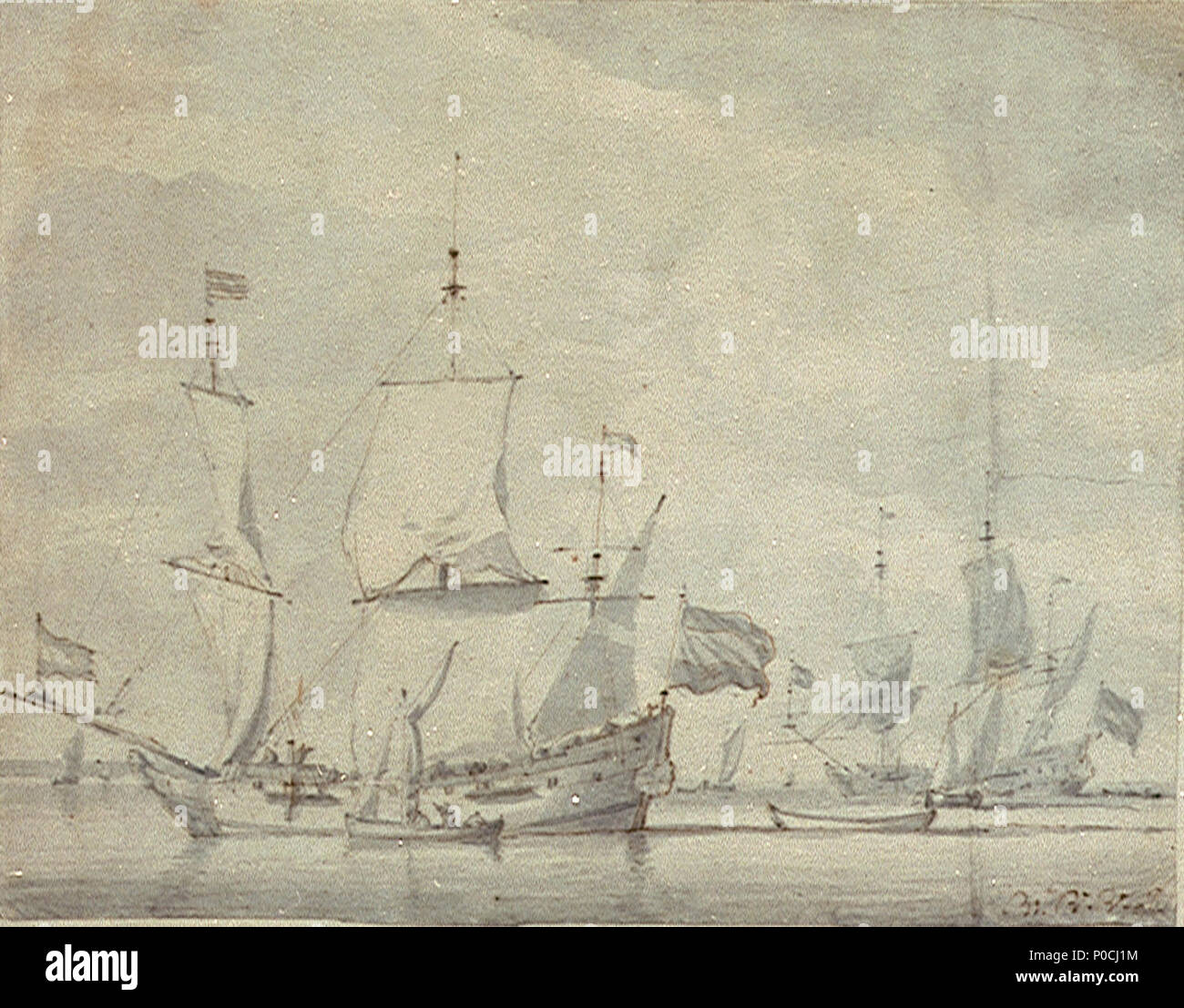 . Anglais : un petit navire marchand hollandais dans un air léger un port en travers d'un navire vue presque de face au vent avec cours d'avancement et de fougue de court, et le plat principal et de fougue et de l'artimon secouant. Un sprit-rigged bateau est à quai. Un navire est au mouillage dans l'arrière-plan droit. C'est un dessin de la plus jeune en gris laver renforcée avec plume et encre brune. Il est signé avec une fausse signature à l'encre brune 'W.V.V.J.' un petit navire marchand hollandais dans un air léger . circa 1665. Willem Van de Velde le jeune 206, un petit navire marchand hollandais dans un air léger RMG PW6828 Banque D'Images