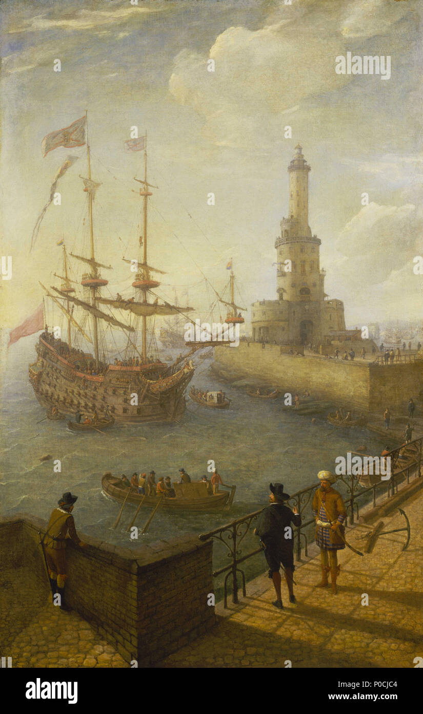 . Un Three-Decker : Anglais Espagnol à l'ancre au large de Naples Cette peinture adopte un format verticale inhabituelle et montre un port méditerranéen. La scène est perçue à partir d'un point de vue élevé et baignée de soleil doré laiteux. Au premier plan un quai pavées donne sur un port animé. Un grand phare, dans l'arrière-plan sur la droite, domine la scène et d'un navire espagnol est considéré, en vue tribord-Bow, à l'ancre. Le bâtiment possède un ornately carved Stern et il y a une figure de proue d'un prince sur un cheval blanc bondissant sur la proue. Elle vole le drapeau espagnol, un fanion de la religieuse, un grand mât Banque D'Images