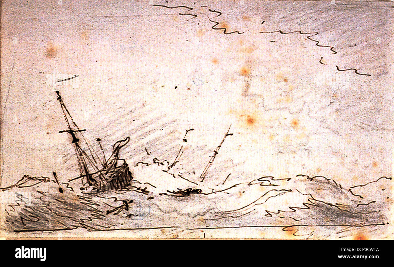 . Anglais : un navire démâté dans une mer lourde l'une des nombreuses scènes expressive et violente tempête que Van de Velde, le plus jeune, mis au point dans ses dernières années, ce dessin montre une scène tumultueuse d'épave. Sur la gauche est un navire qui plongent dans une vague, sa misaine ayant déjà été perdues. Au milieu distance caché mais pour ses mâts, un autre navire tente de monter au vent de voiles ferlées. Un navire démâté dans une mer lourde . circa 1705. Willem Van de Velde le jeune 200 un navire démâté dans une mer lourde RMG PV5284 Banque D'Images