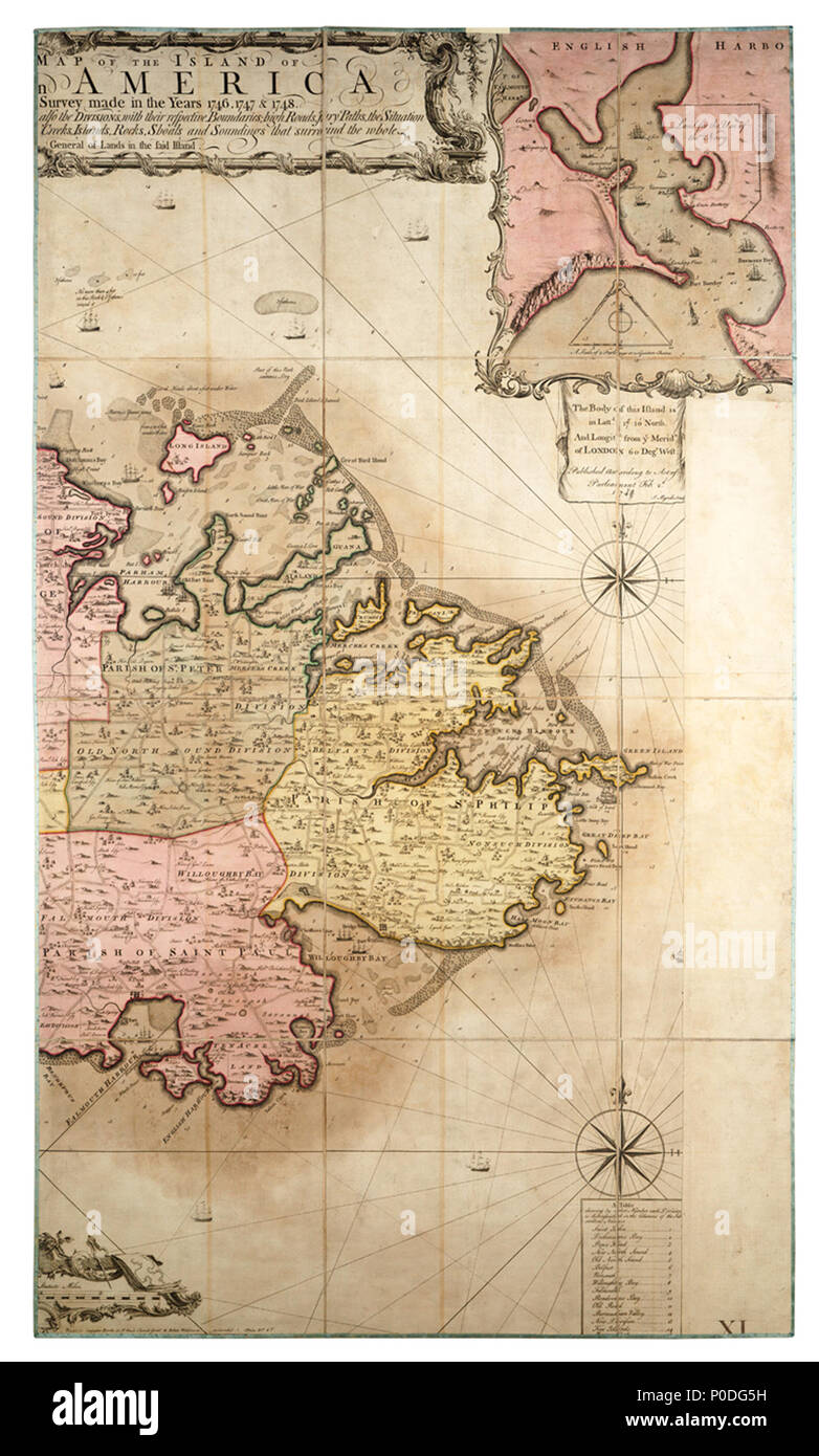 . Anglais : une nouvelle carte de l'exacte et l'île d'Antigua en Amérique, selon un relevé précis et réels réalisés dans le années 1746, 1747 & 1748.Deux feuilles. Part col. engr. Médium : segmentées et soutenu. Échelle : 1:34 000 (bar). Note : cartographique Latitude et longitude, Méridien de Londres. D'autres endroits : Caraïbes, les îles sous le vent. Table des matières Remarque : l'Encart plan d'English Harbour. Contient une table des secteurs de chaque paroisse. Dédié à William Mathew, Gouverneur des îles Leeward. Décoré avec de la mer les navires. Gren79/6 exact et une nouvelle carte de l'île de Antigua en Amérique, accordin Banque D'Images