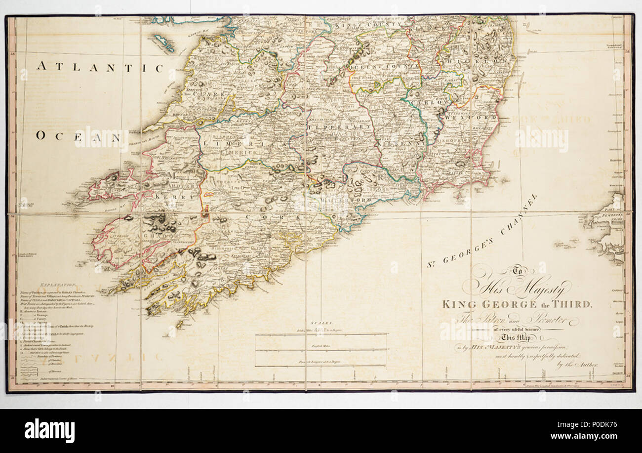 . Anglais : une nouvelle carte de l'Irlande par l'ecclésiastique et civile Rev.d D. A. Beaufort LLD Membre de la Royal Irish Academy. 2e éd. 1797deux feuilles. Engr. Médium : segmentées et soutenu. Description physique Remarque : dans les grandes lignes de couleur. Échelle : 1:500 000 (bar). Note : projection cartographique globulaire, méridien de Greenwich. Balances en miles, miles Anglais Irlandais et Français ligues. Table des matières Note : dédié au roi George III. Le cartouche indique angelots avec des produits irlandais et d'un caméo de George III sur un quai comme un navire de la Marine royale passé. À terre il y a une église avec sa tour à un échafaudage Banque D'Images