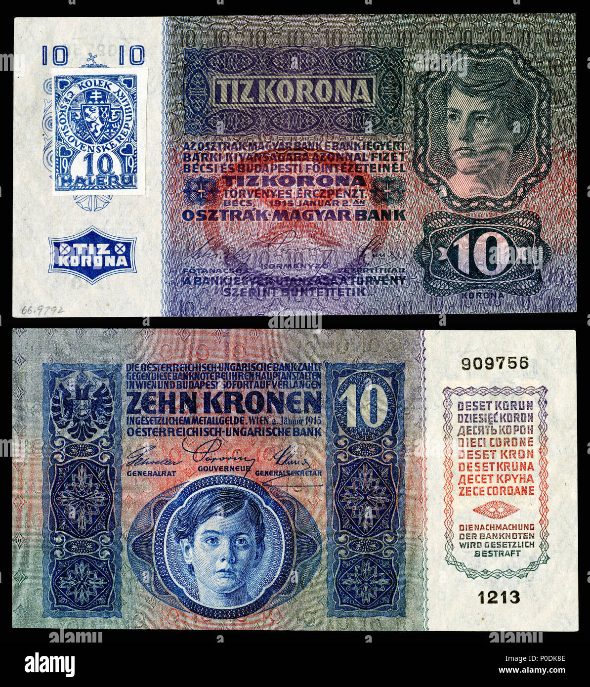 . République de Tchécoslovaquie, 10, 1919 question couronne provisoire (à l'aide d'un 2 Janvier 1915 note austro-hongrois). La première émission des billets tchécoslovaques. La question du jour provisoire 1919 billets tchécoslovaques ont utilisé une banque austro-hongrois de 1915. En apposant un timbre adhésif égale à 1/100 de la valeur de la note (c.-à-d, 1  = 100 haleru koruna) à l'avant gauche, c'était la validation de cours légal dans la République de la Tchécoslovaquie. À la suite de la réforme de la monnaie, la première émission des billets ont été imprimés avec une date du 15 avril 1919. . 19 octobre 2014. Interdiction d'Austro-hongrois Banque D'Images
