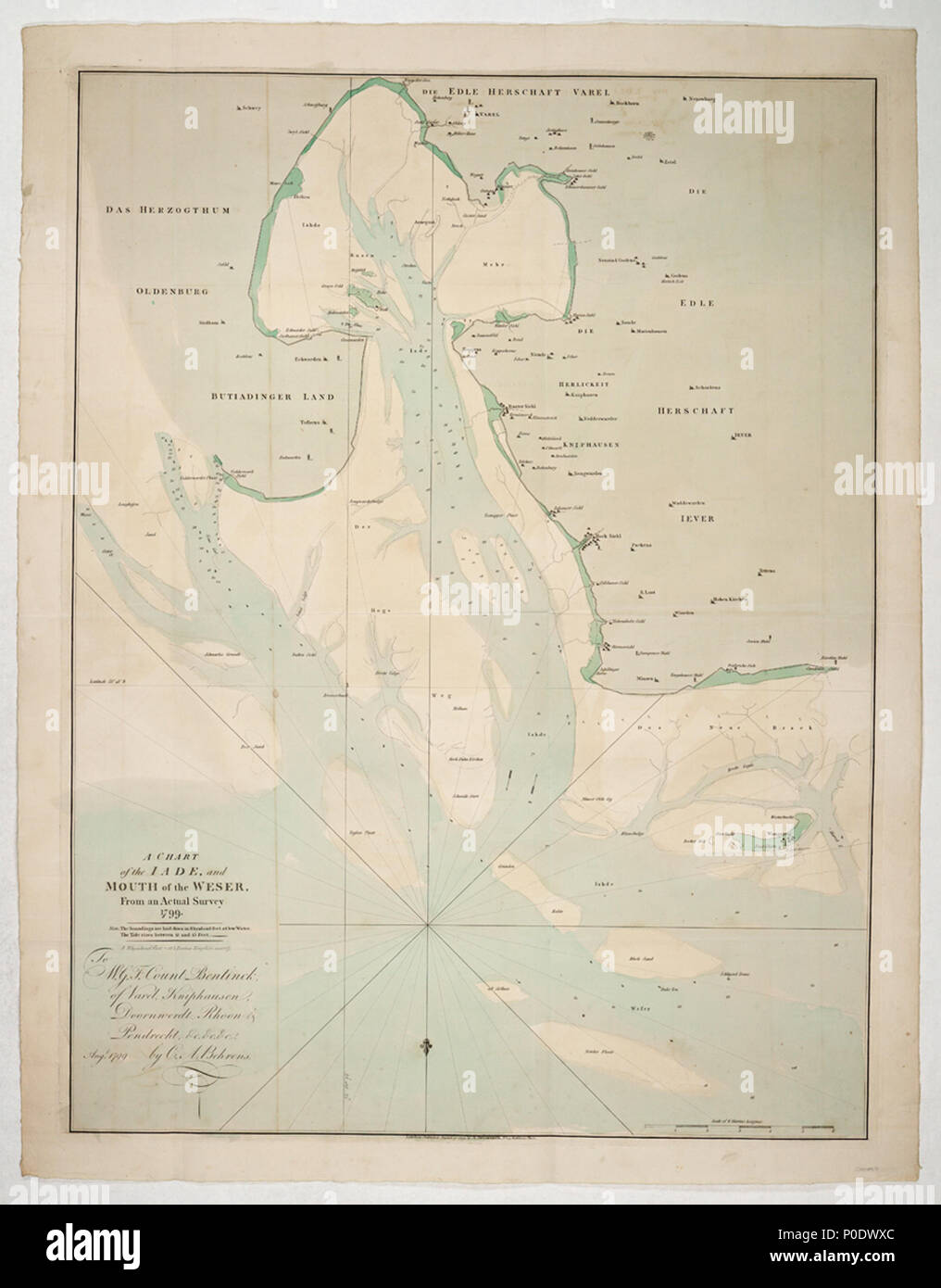 . Anglais : un graphique de l'IADE, et l'embouchure de la Weser, à partir d'une enquête réelle 1799.seule feuille. Part col. engr. Échelle : 1:250 000 (bar). Note : cartographique au nord à 180 degrés. Dans l'échelle des ligues marine, sondages dans Rhynland pieds. Table des matières Note : Bouées et balises marquées. Dédicace au comte Bentinck. Gren19/7 un graphique de l'IADE, et l'embouchure de la Weser, à partir d'une enquête réelle 1799. . 1799. Aaron Arrowsmith, C.A. Behrens 35 Un graphique de l'IADE, et l'embouchure de la Weser, à partir d'une enquête réelle 1799. RMG K1110 Banque D'Images