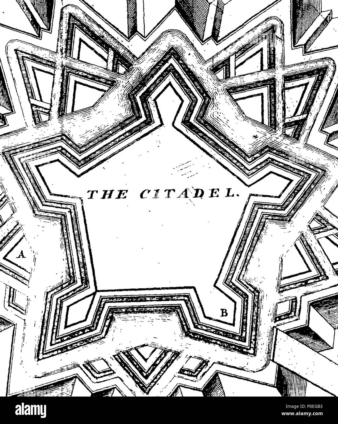 . Anglais : fleuron de livre : un traité contenant la partie élémentaire de la fortification, régulières et irrégulières. Avec des remarques sur les constructions des plus célèbres auteurs, en particulier du Maréchal de Vauban et le Baron Coehorn, dans laquelle la perfection et l'imperfection de leurs plusieurs Œuvres sont considérées. Pour l'utilisation de l'Académie royale de l'Artillerie à Woolwich. Illustré de trente-quatre plaques de cuivre. La quatrième édition. Par Jean Muller, professeur de l'Artillerie et de fortification. 225 Un traité contenant la partie élémentaire de la fortification, régulières et irrégulières Fleuron T130700-35 Banque D'Images