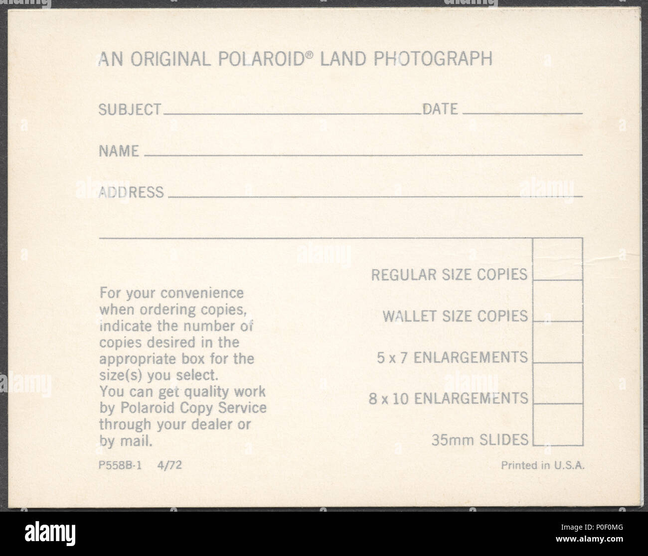 Formulaire de commande sur l'arrière de l'ancienne photos polaroid pour commander des impressions de l'entreprise Banque D'Images