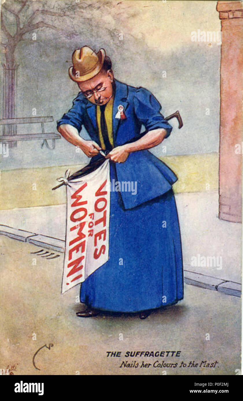 La suffragette ongles ses couleurs au mât, montre des votes pour les femmes poster lié à parapluie,... Banque D'Images