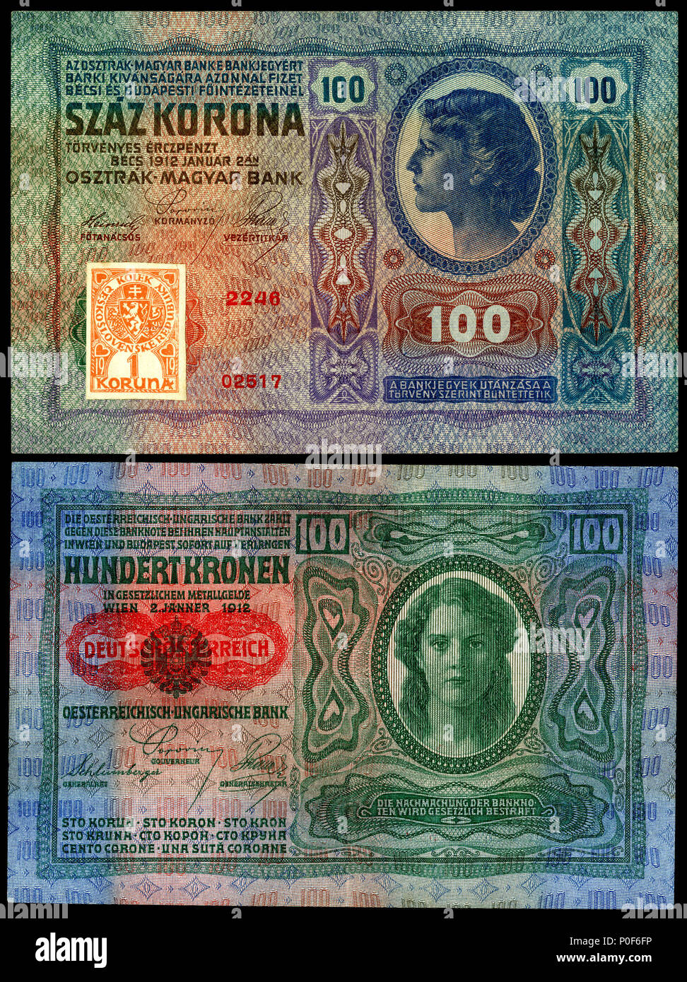 . Anglais : République de Tchécoslovaquie, 100 korun, 1919 question provisoire (à l'aide d'un 2 Janvier 1912 note austro-hongrois). La première émission des billets tchécoslovaques. La question du jour provisoire 1919 billets tchécoslovaques utilisé une précédente question Banque austro-hongrois. En apposant un timbre adhésif égale à 1/100 de la valeur de la note (c.-à-d, 1  = 100 haleru koruna) à l'avant gauche, c'était la validation de cours légal dans la République de la Tchécoslovaquie. À la suite de la réforme de la monnaie, la première émission des billets ont été imprimés avec une date du 15 avril 1919. . 29 janvier 2015, 14:21:3 Banque D'Images