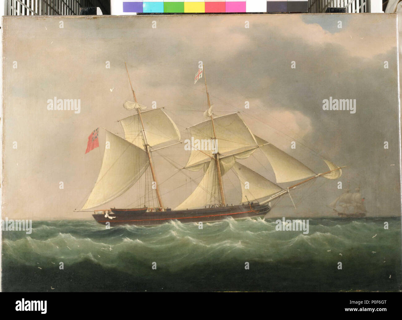 . Anglais : une Trinité brigue Ce navire non signé portrait date probablement des années 1830 ou au début des années 1840 au plus tard. La voile est un peu particulier, puisque tout en étant essentiellement celle d'un brig il comprend une gaffe à la misaine plutôt qu'un avant-trinquette. Cela a probablement donné le navire d'une grande souplesse - peut-être convient particulièrement à la maison de la Trinité - exigences d'aller de l'avant notamment gréé en carré haut-galants ou en vigueur avec un plus bas powered longitudinalement et forage. schooner Comme le montre le navire est circonscription sous voile facile sur tribord amures dans un quartier animé, la mer à hove pas mais probablement pas aller de l'avant Banque D'Images