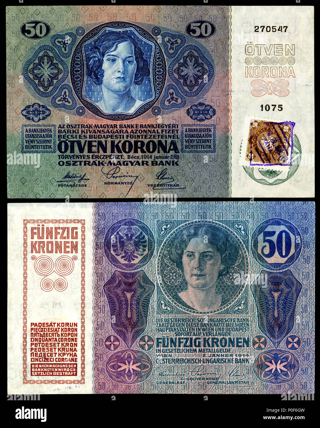 . Anglais : République de Tchécoslovaquie, 50 korun, 1919 question provisoire (à l'aide d'un 2 Janvier 1914 note austro-hongrois). La première émission des billets tchécoslovaques. La question du jour provisoire 1919 billets tchécoslovaques utilisé une précédente question Banque austro-hongrois. En apposant un timbre adhésif égale à 1/100 de la valeur de la note (c.-à-d, 1  = 100 haleru koruna) à l'avant gauche, c'était la validation de cours légal dans la République de la Tchécoslovaquie. À la suite de la réforme de la monnaie, la première émission des billets ont été imprimés avec une date du 15 avril 1919. . 29 janvier 2015, 14:29:54 Banque D'Images